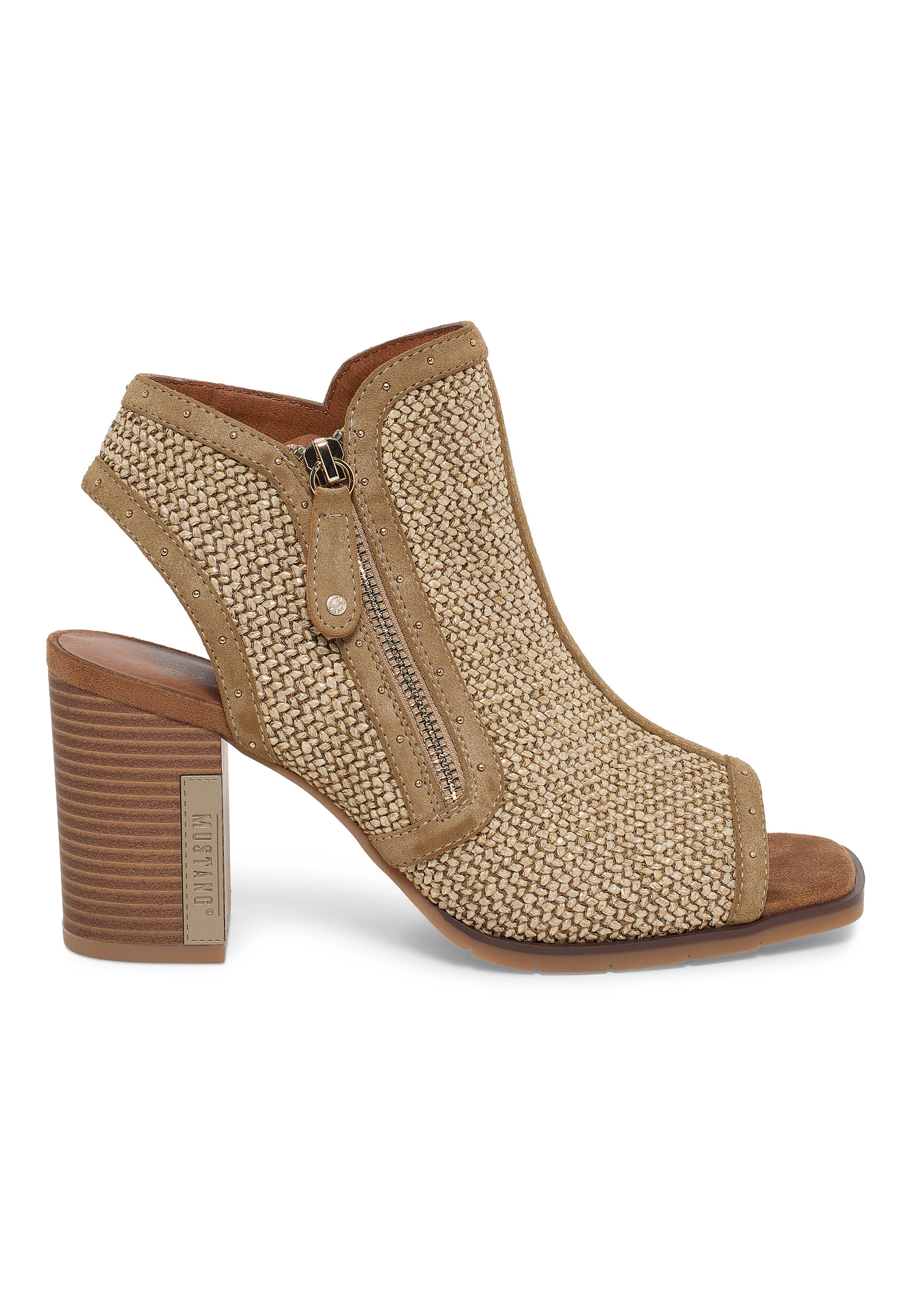 Ankle Boots, Woven Texture, Zipper, Block Heel, Open Toe