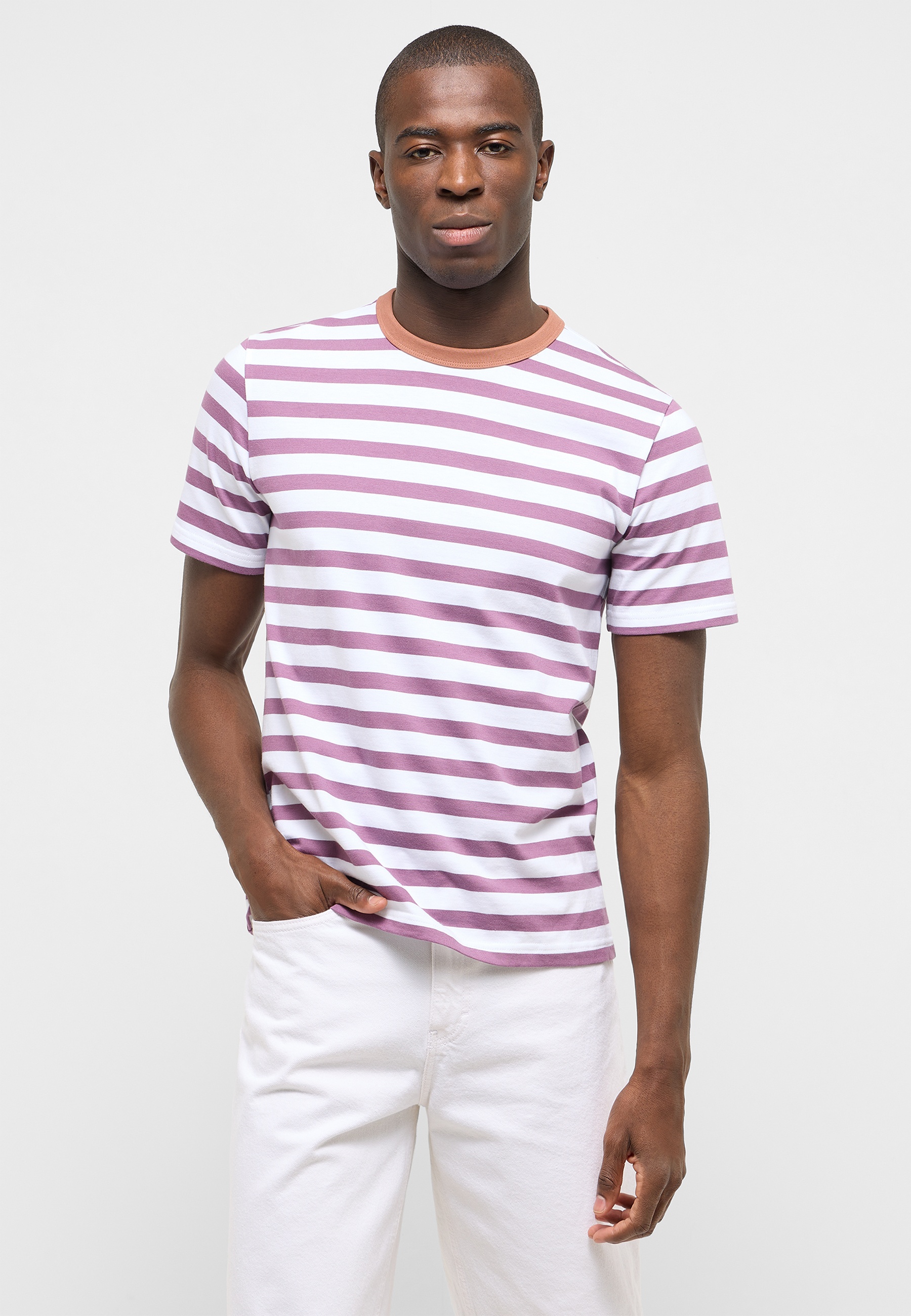 Gestreiftes Hemd, T-Shirt, Kurze Ärmel, Rosa-lila Streifen, Rundhals