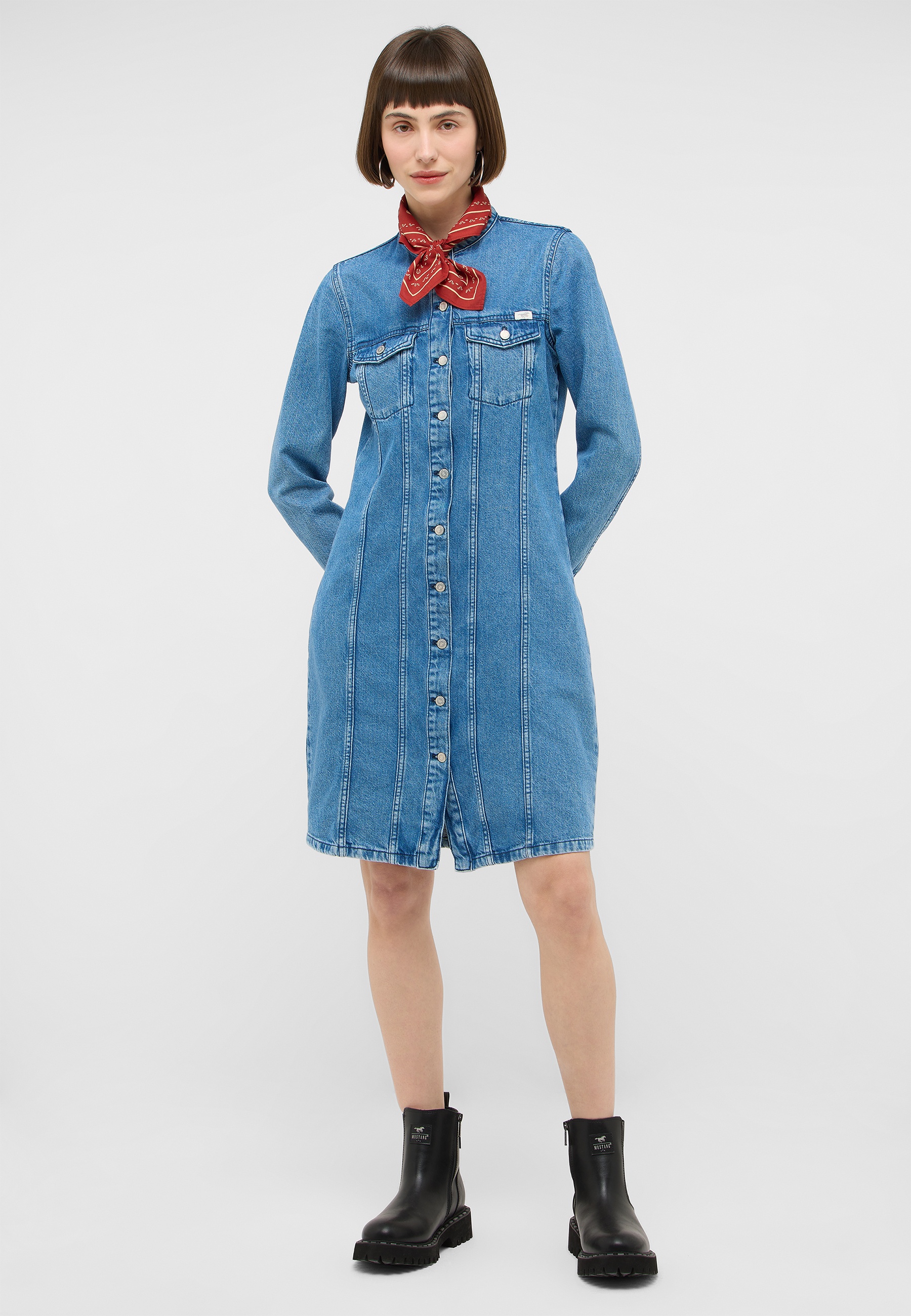 Denimkleid, Knopfleiste, Fronttaschen, lange Ärmel, A-Linie