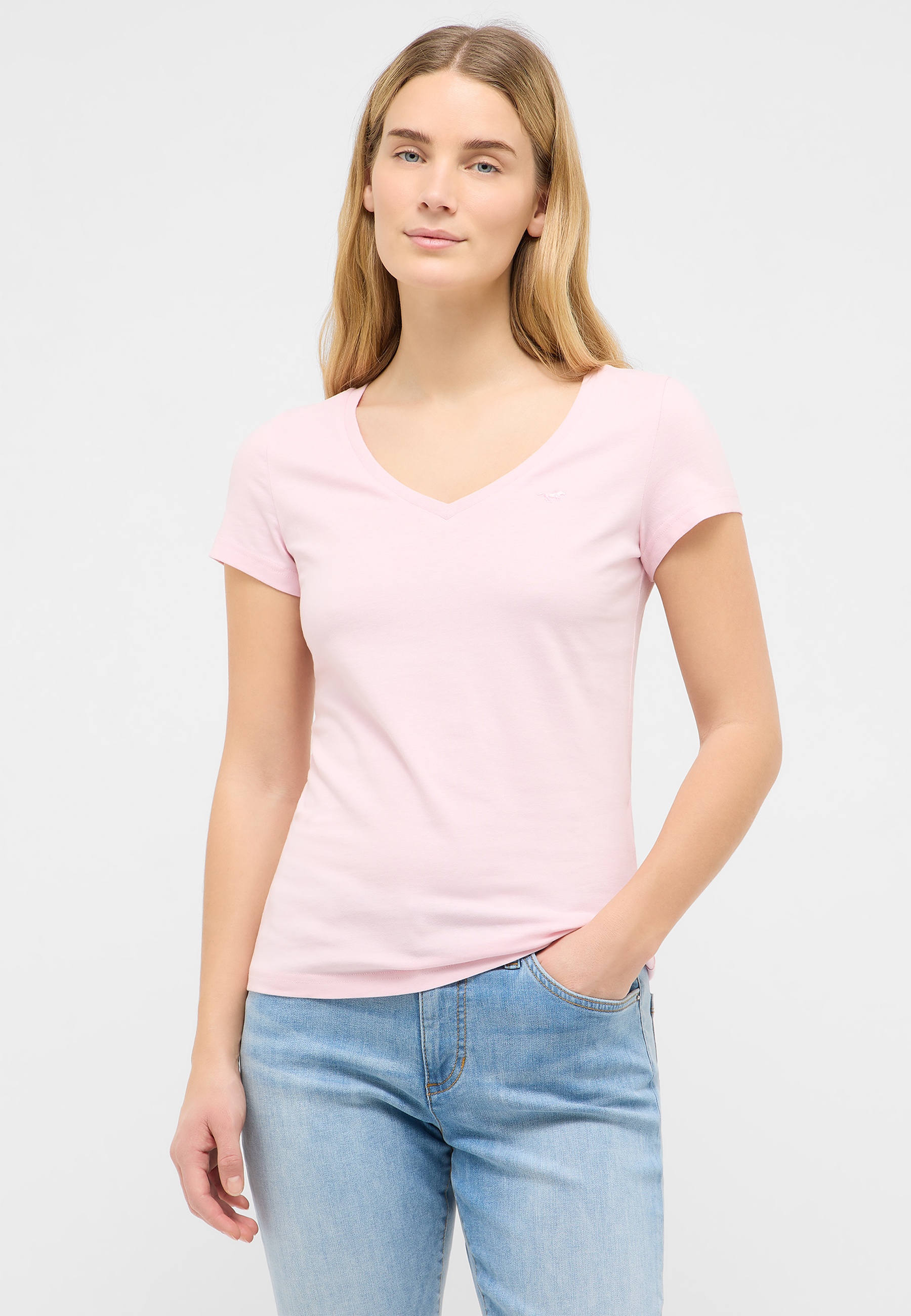 -tailliertes t-shirt, v-passe, kurzarm, bauschig pink,  cotton t-shirt