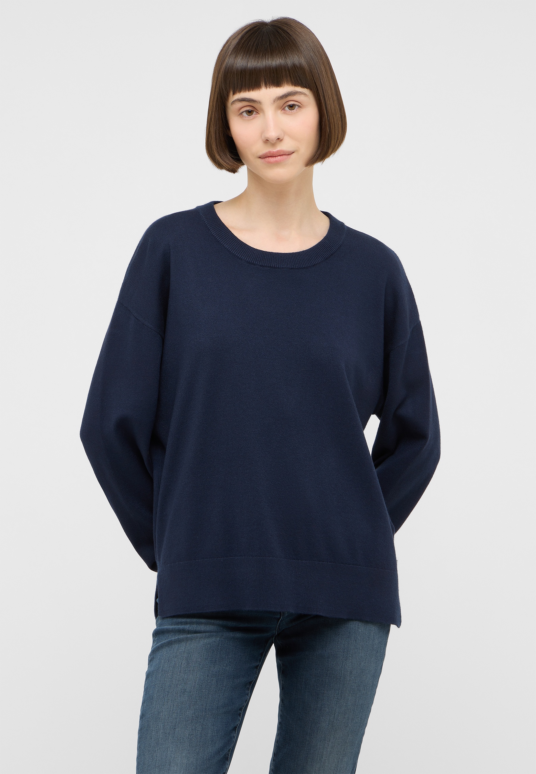 navy sweater, crew neck, long sleeve, knitwear, casual top