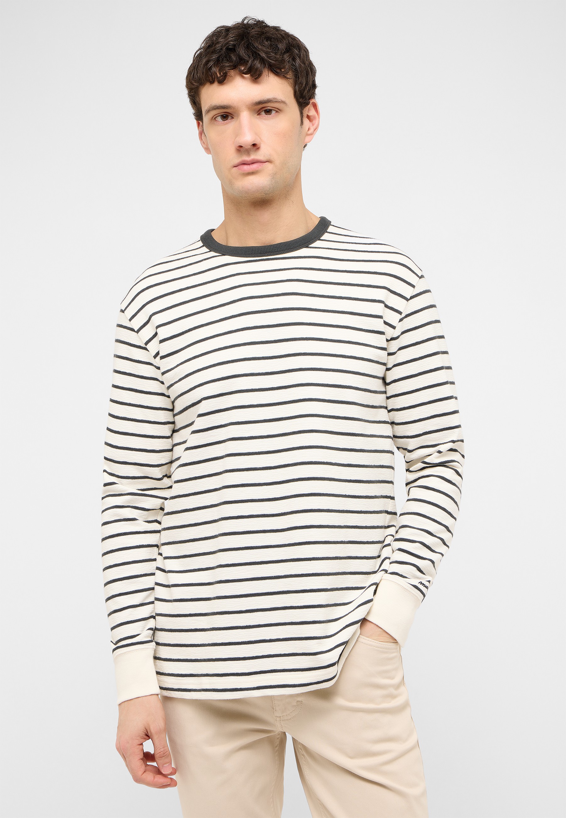 Streifenshirt, Langarm, Weiß, Marineblau, Kragenrund