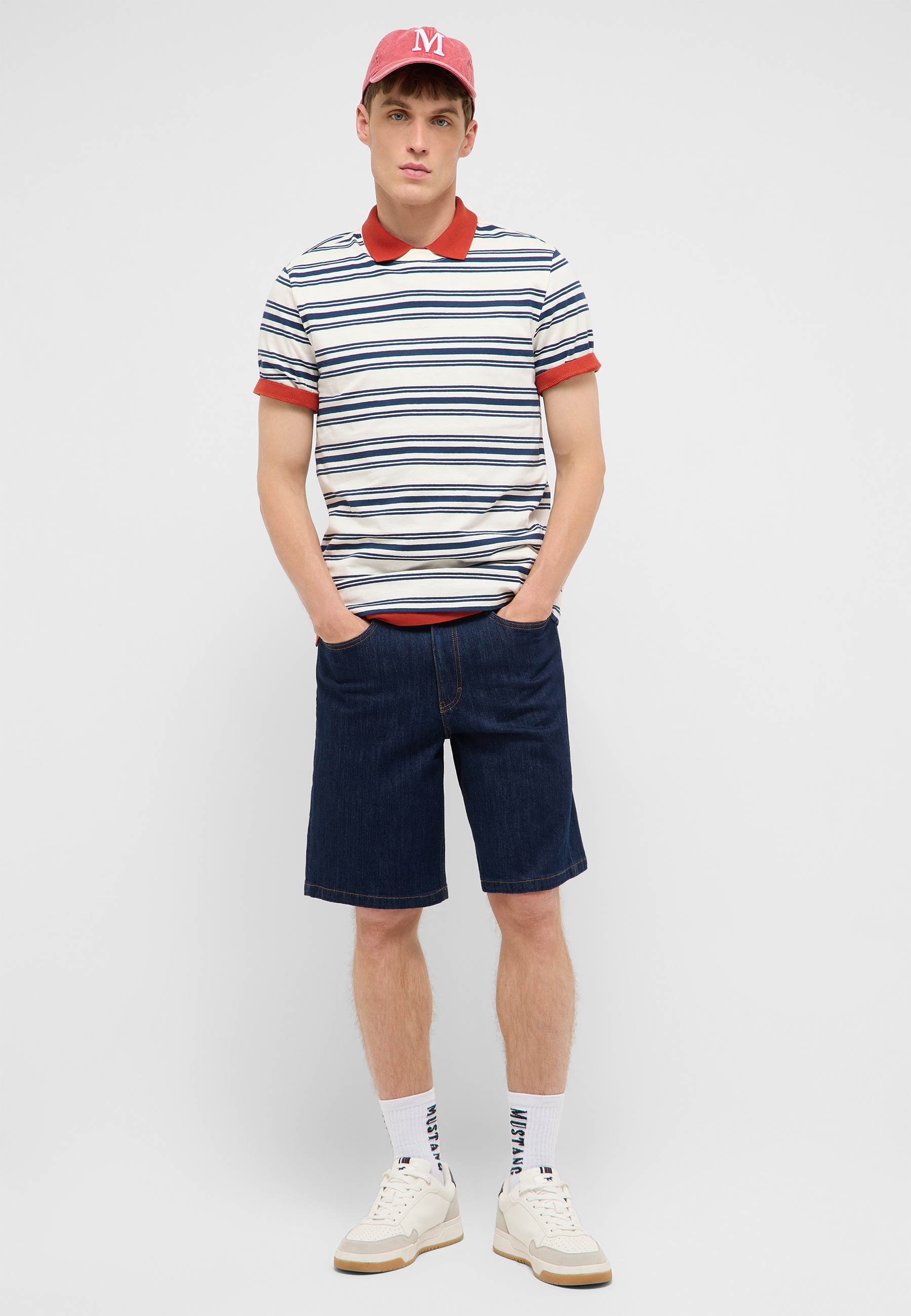 T-Shirt, Gestreiftes Hemd, Kurzarm, Polo-Kragen, Denim-Shorts
