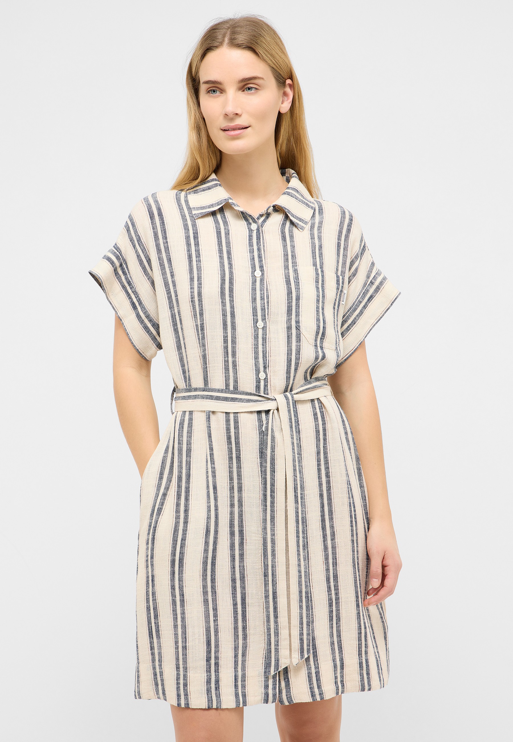 Strandkleid, Streifen, Kurzärmlig, Knopfleiste, Taillengürtel