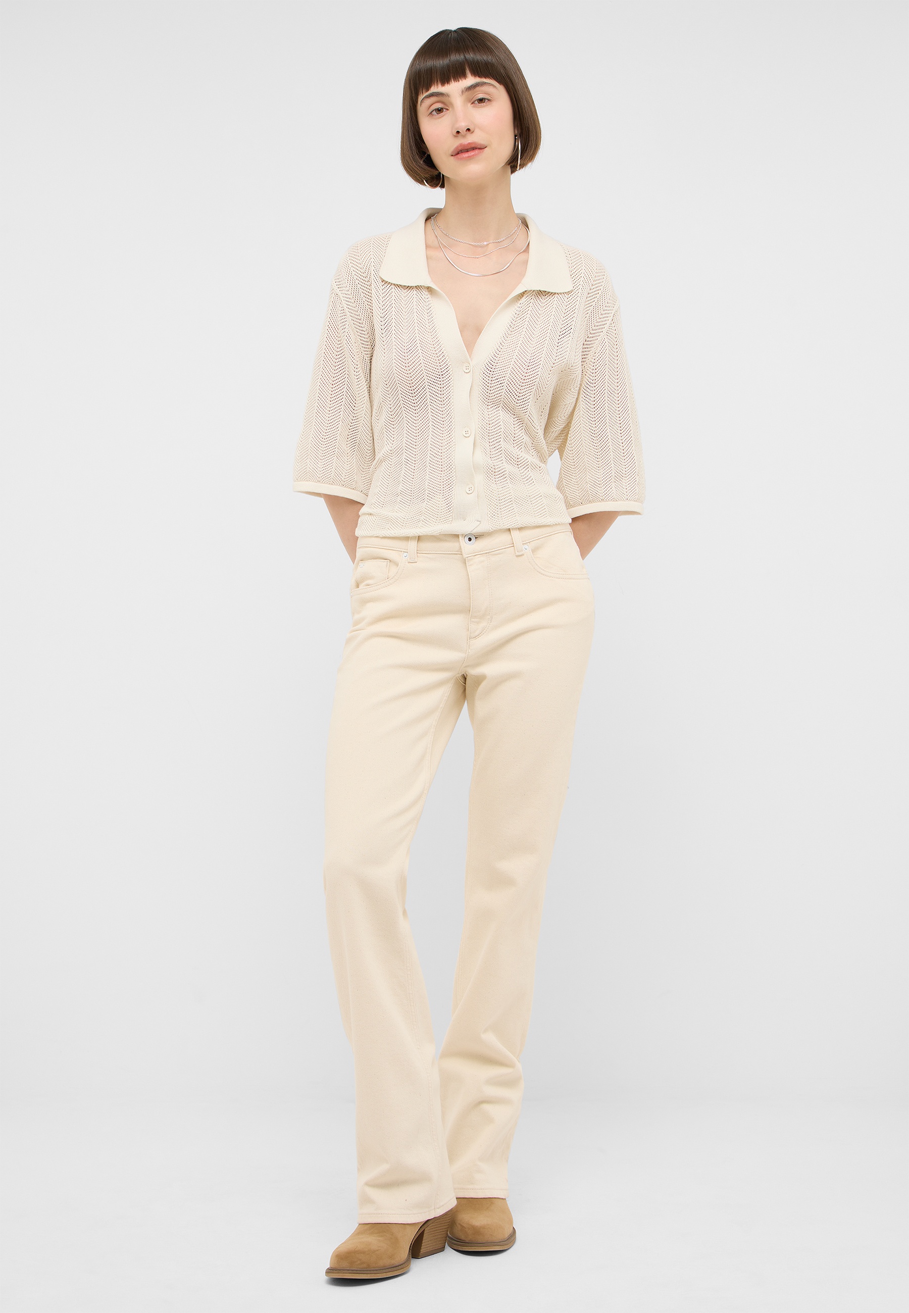beige, Kardigan, Strickware, Kragen, Hose