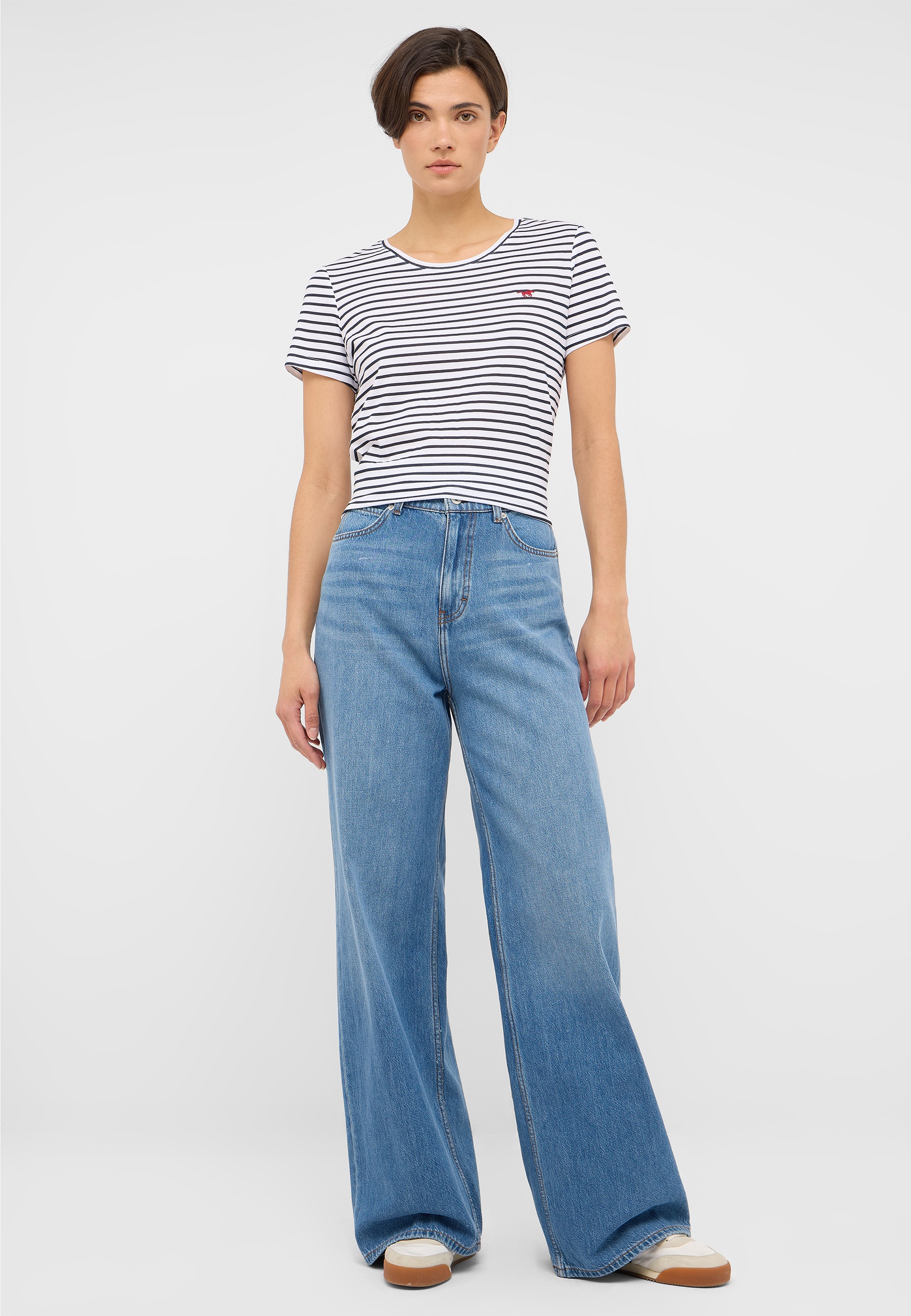 T-Shirt, Streifen, Kurzarm, Weite Hose, Jeans