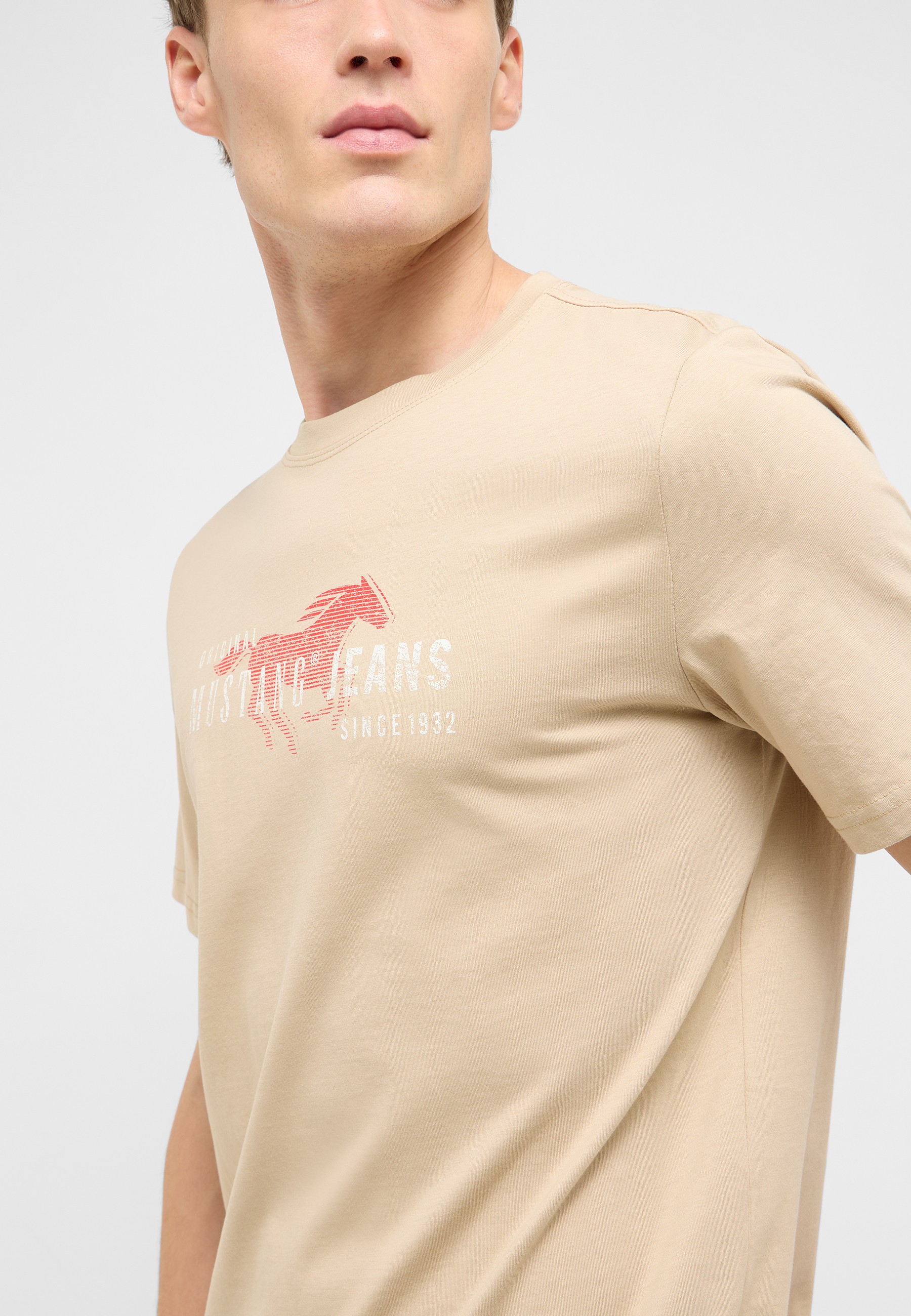 T-Shirt, Beige, Kragenloser Rundhals, Grafik, Kurzarm