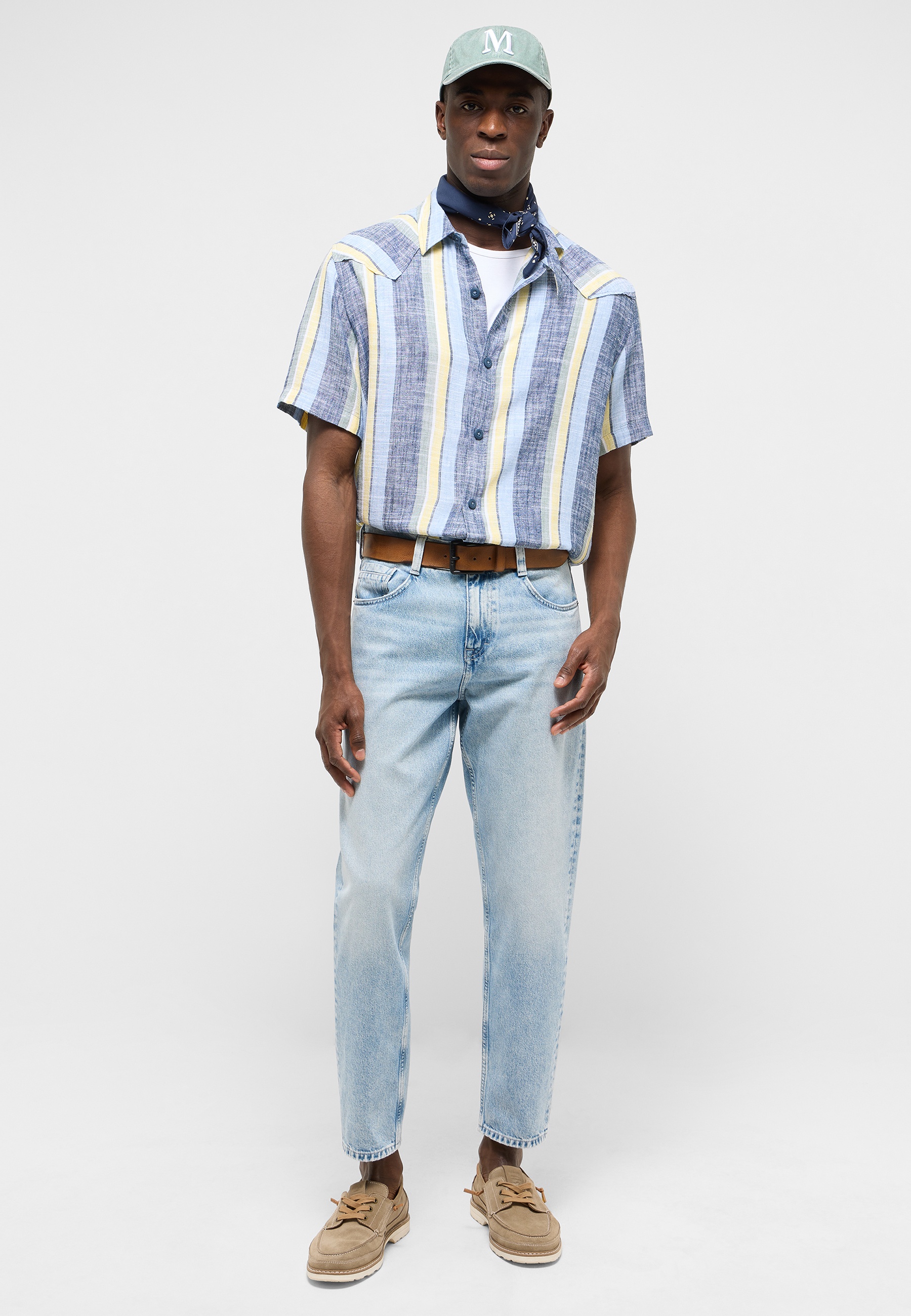 Hemd, Kurzarm, Gestreift, Helle Jeans, Lichtblaue Streifen