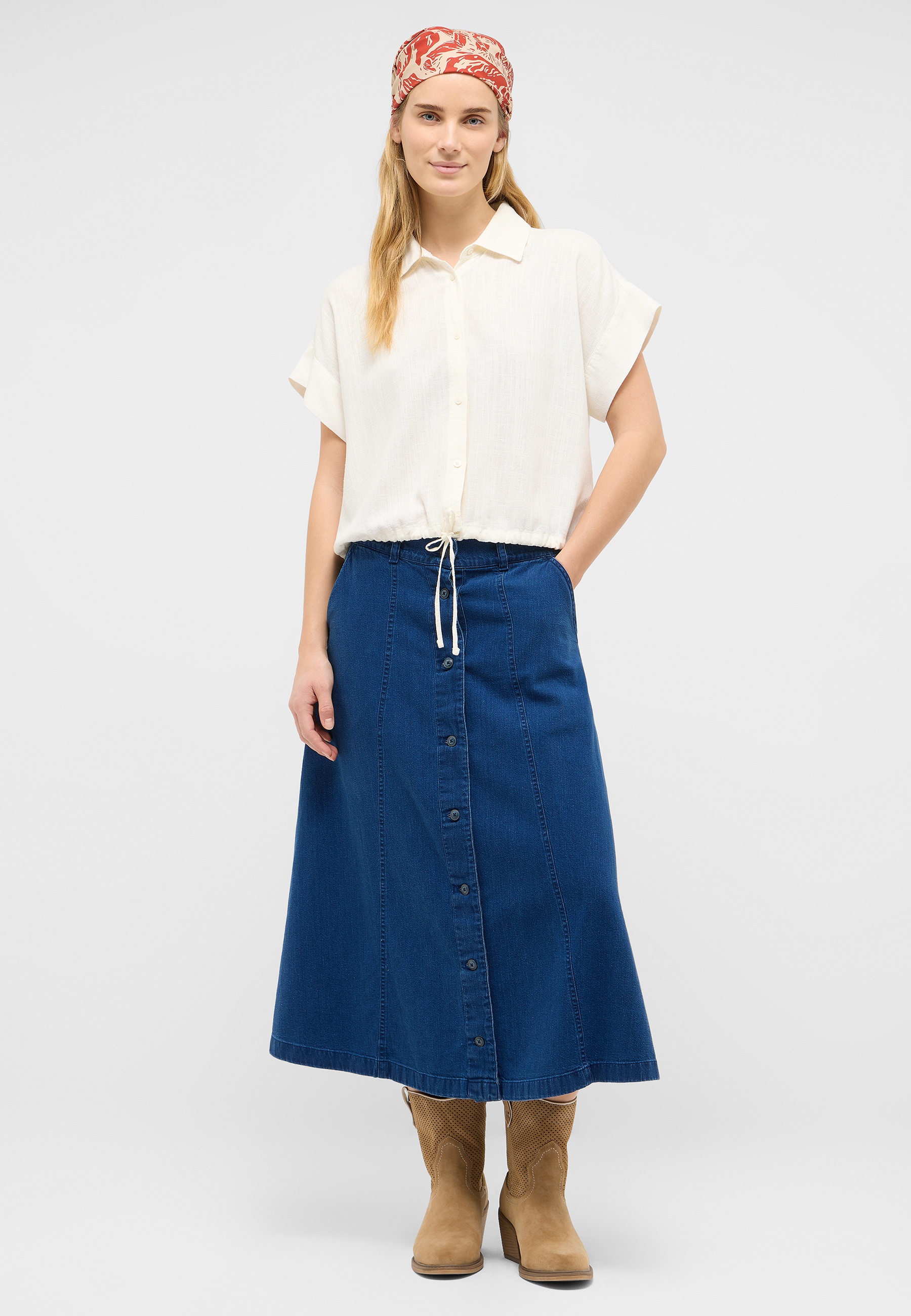 bluse, shirt, jeansskirt, denim, headscarf