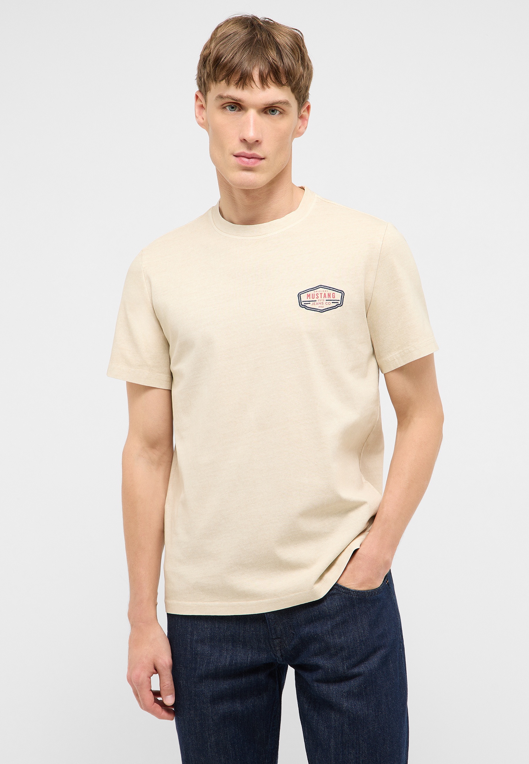 t-shirt, beige, kurzarm, logo, casual