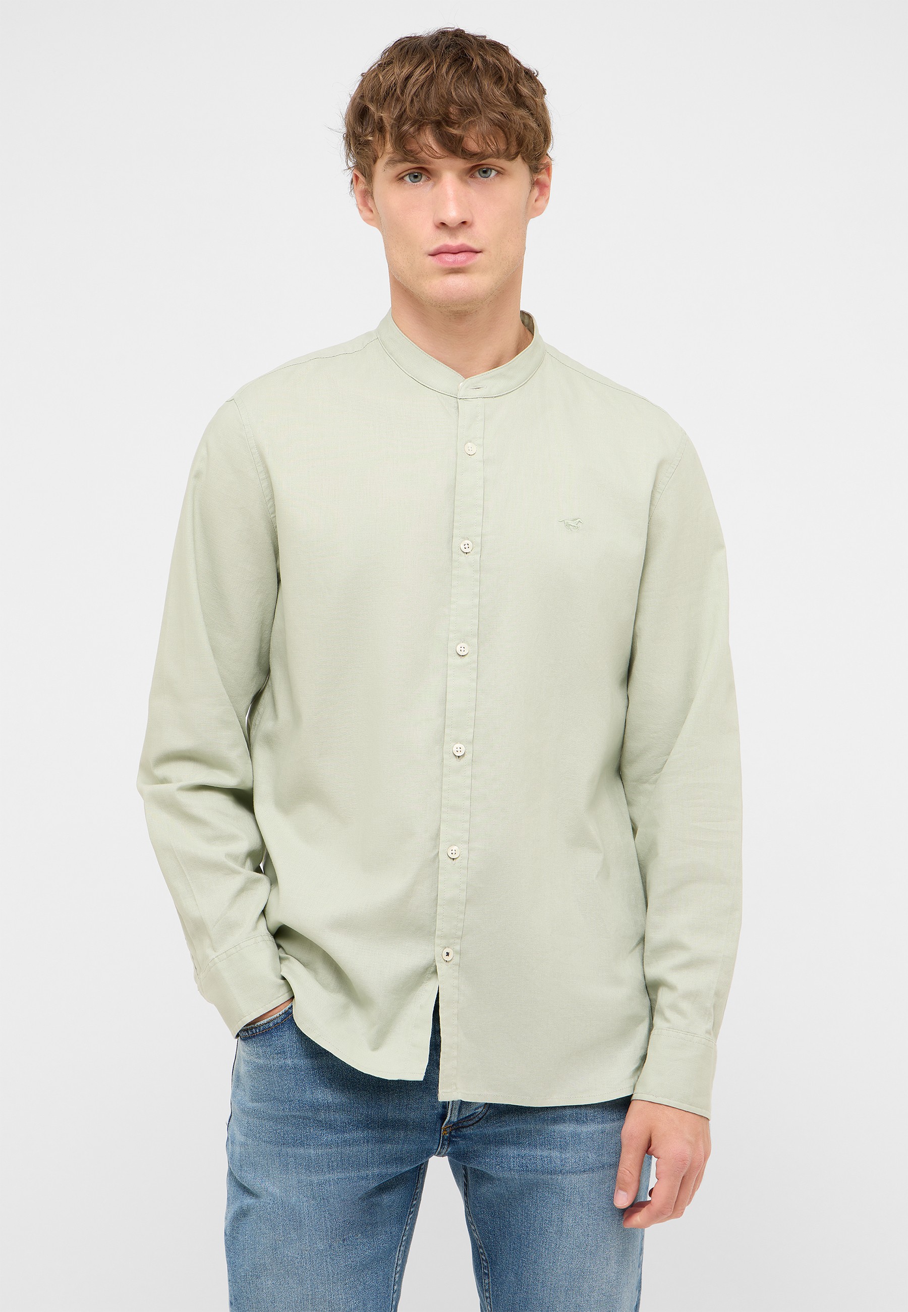 Hemd, Langarm, Kragenlose Stehkragen, Beige, Knopfleiste