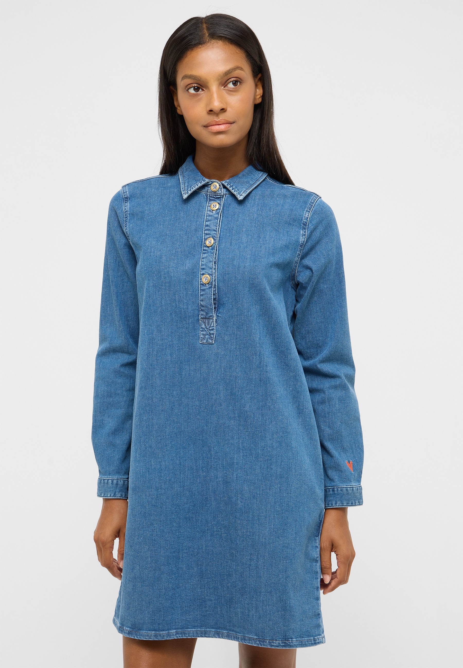 Denim Kleid, Jeansstoff, Knopfleiste, Langarm, Kleines Logo