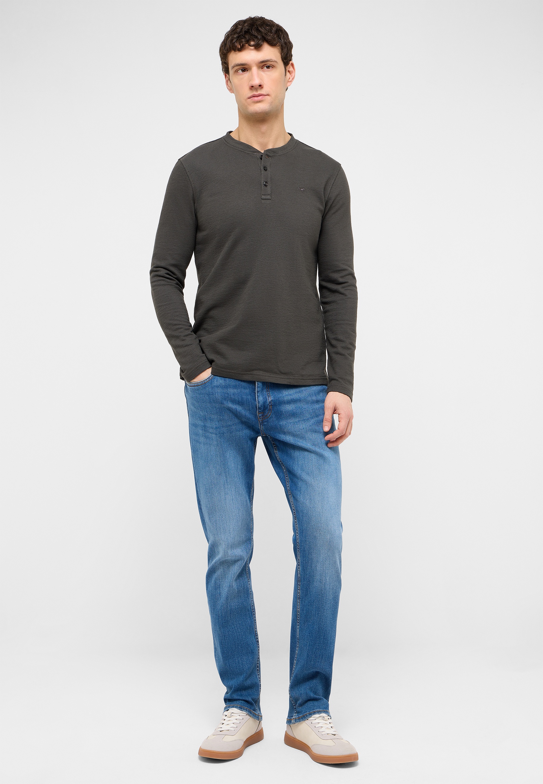 Henley-Shirt, Langarmshirt, Dunkelgrau, Casualoberteil, Strickshirt