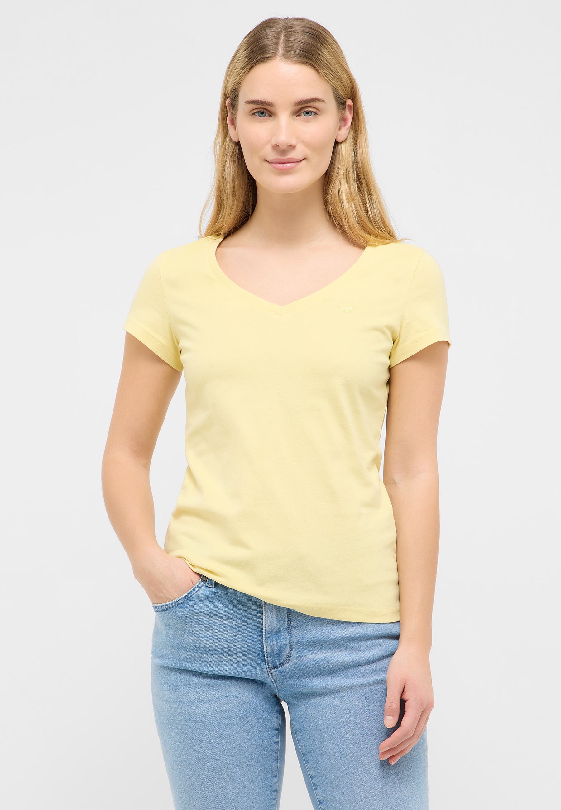 Tee, V-Ausschnitt, Kurze Ärmel, Pastellgelb, Baumwolle