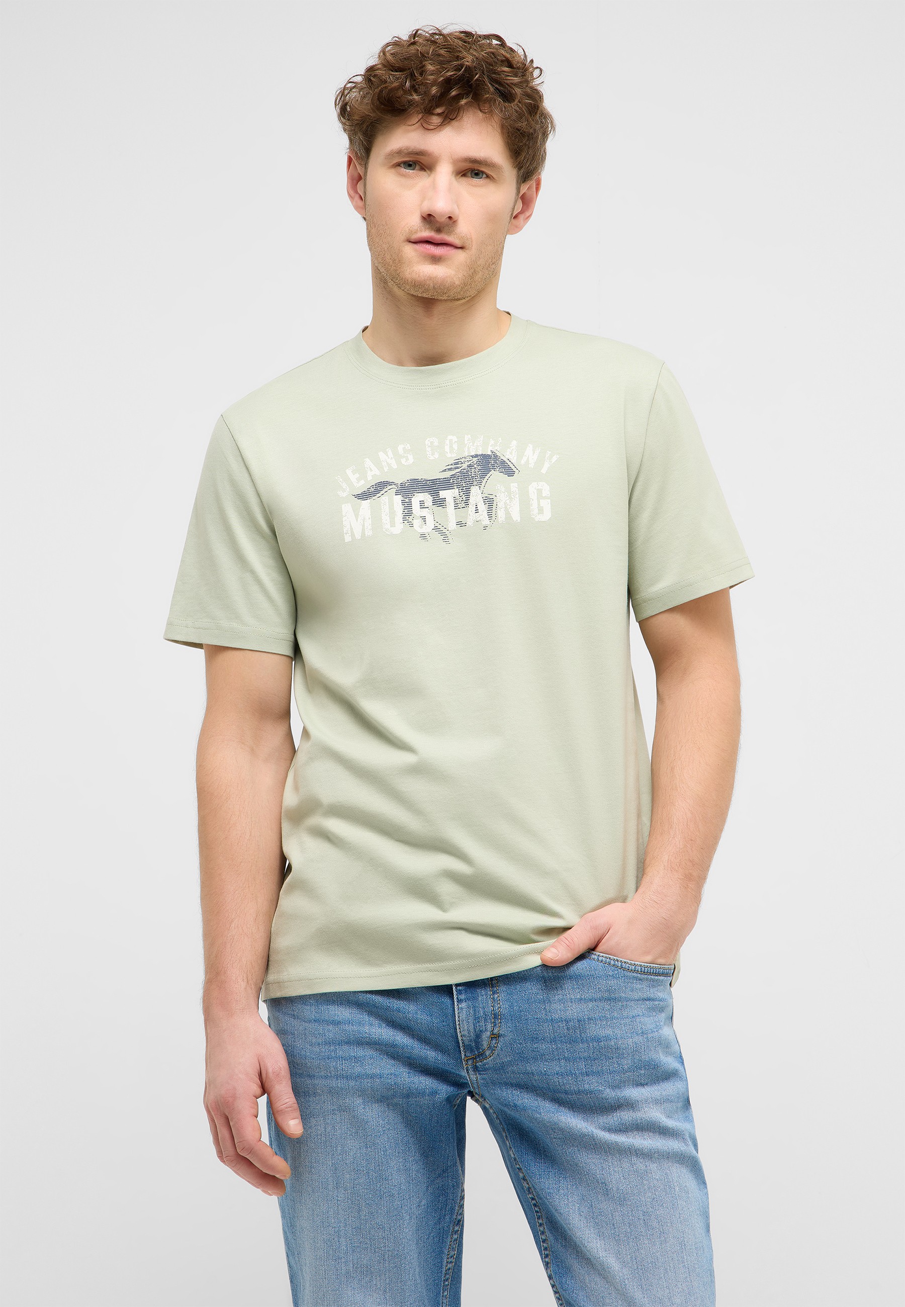 T-Shirt, Kurzarm, Grau-Grün, Mustang Logo, Casual