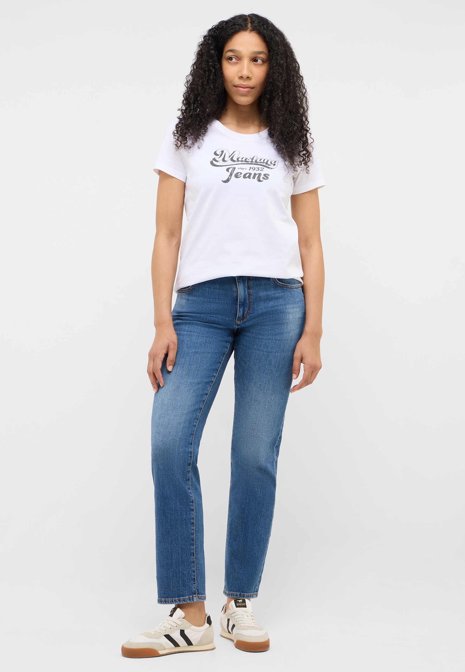 T-Shirt, Weiß, Logo-Aufdruck, Baumwolle, Jeans