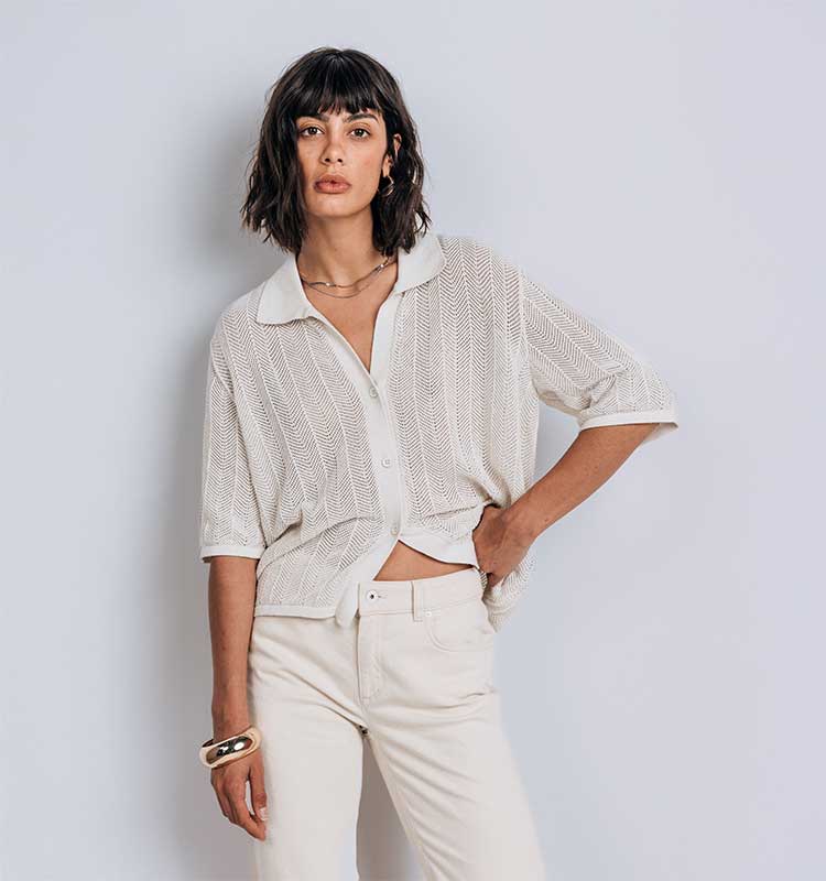 Kardigan, Strickjacke, Off-White, Kragen, Kurzarm