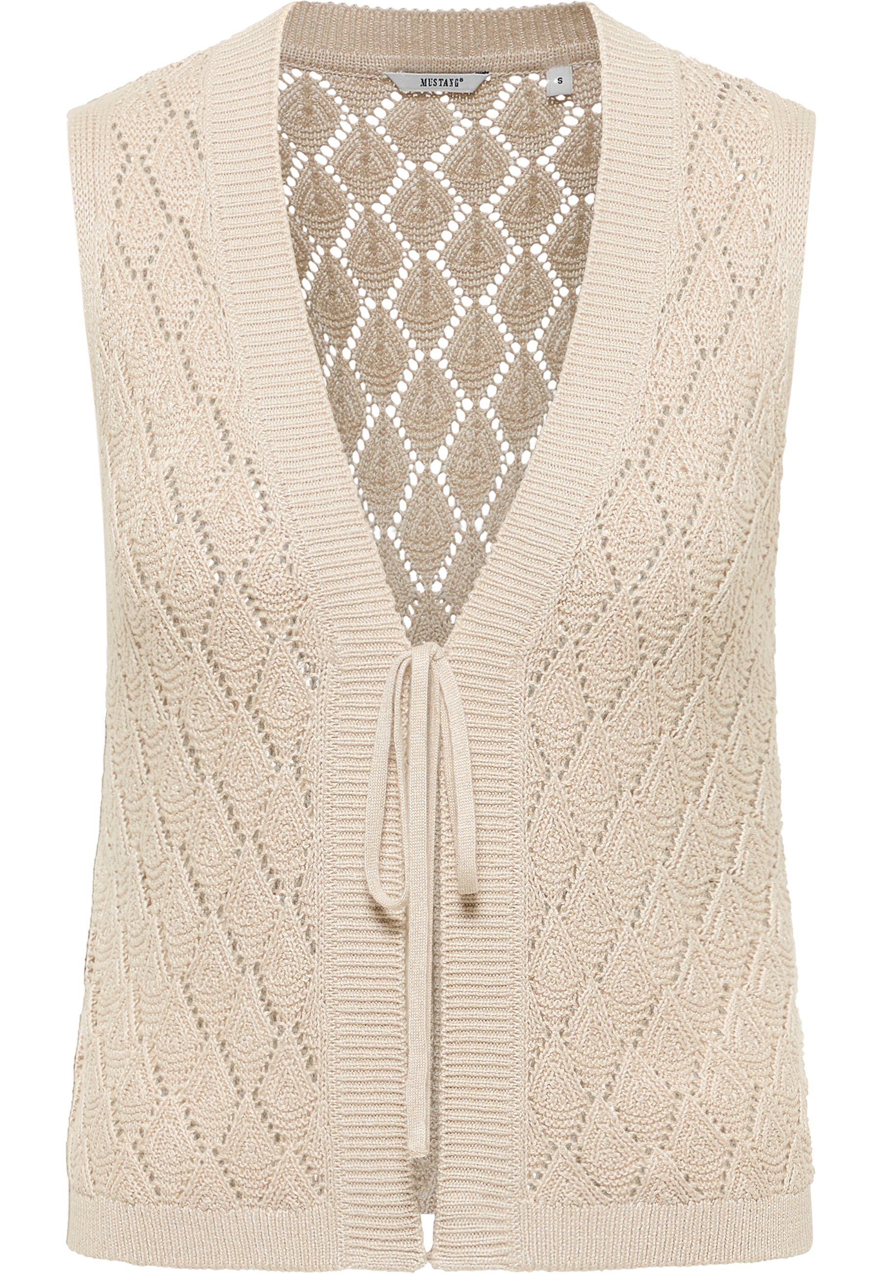 Kragenloses Strickweste, Offen gestrickt, Verschluss mit Bindeband, Beige Farbe, Netz- bzw. Lochstrickmuster