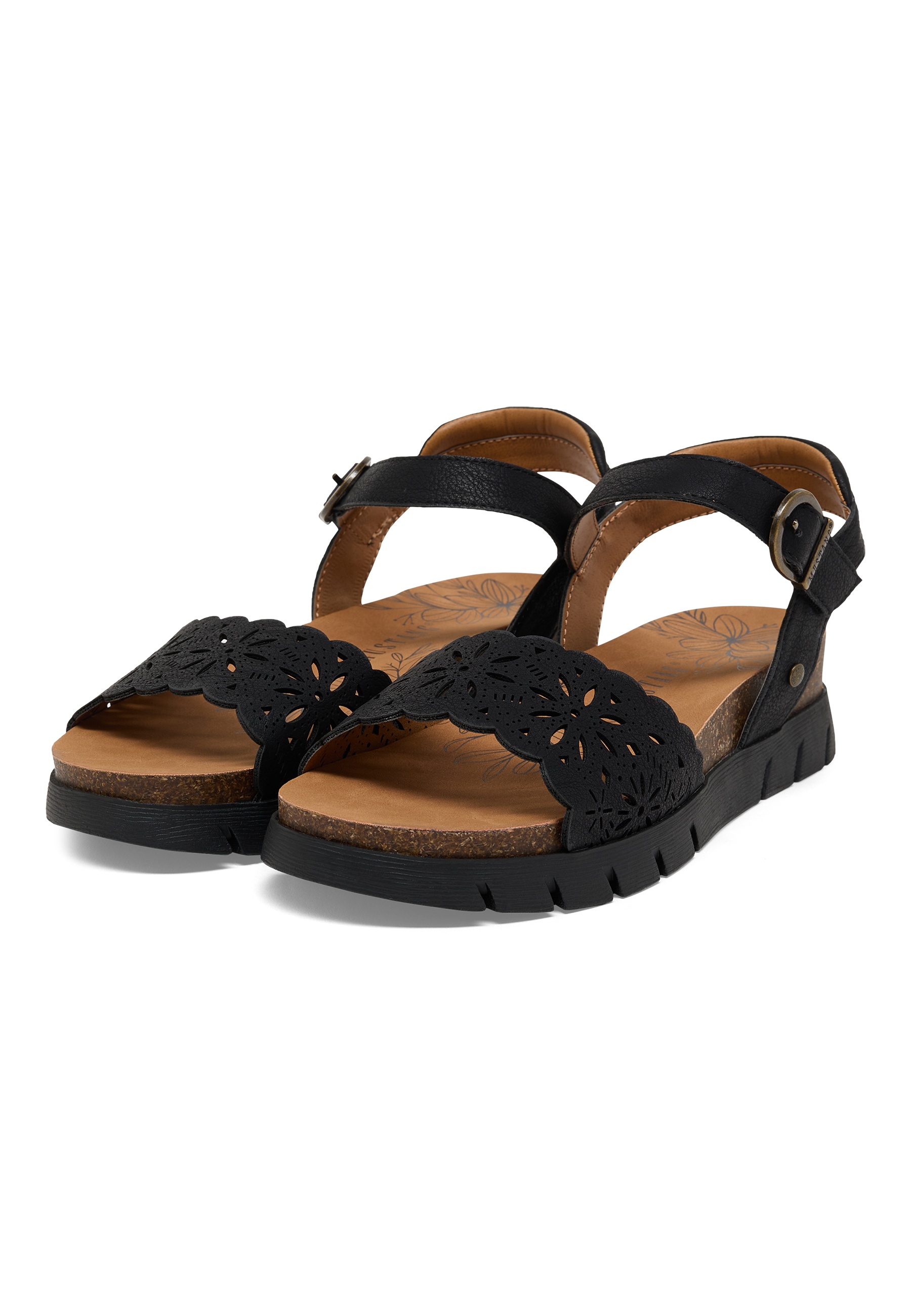 Sandalen, Damen, Leder, Schwarz, Blumenmuster