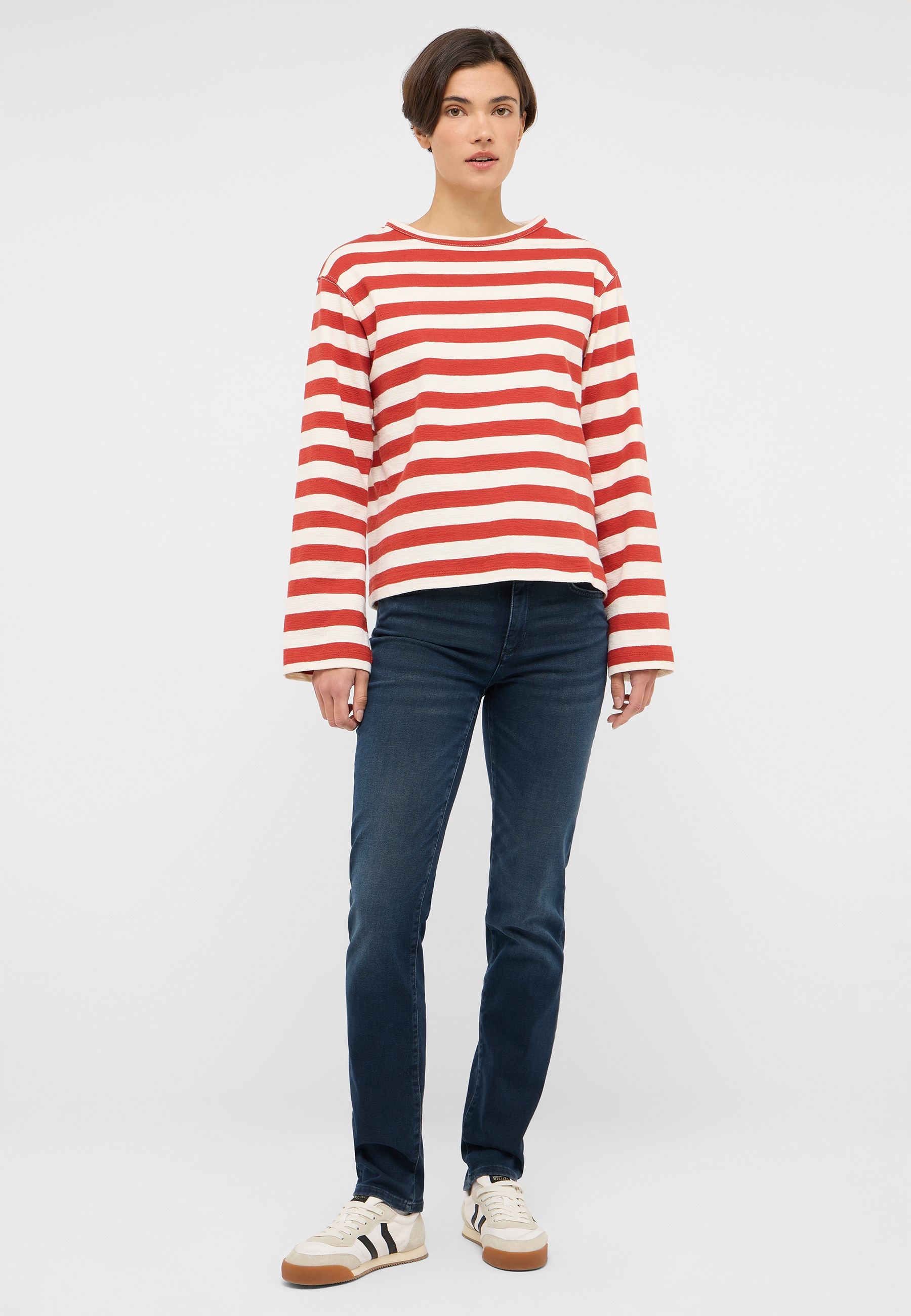 Streifenpullover, Rotweiß, Langarm,  Sweatshirt, Jeans