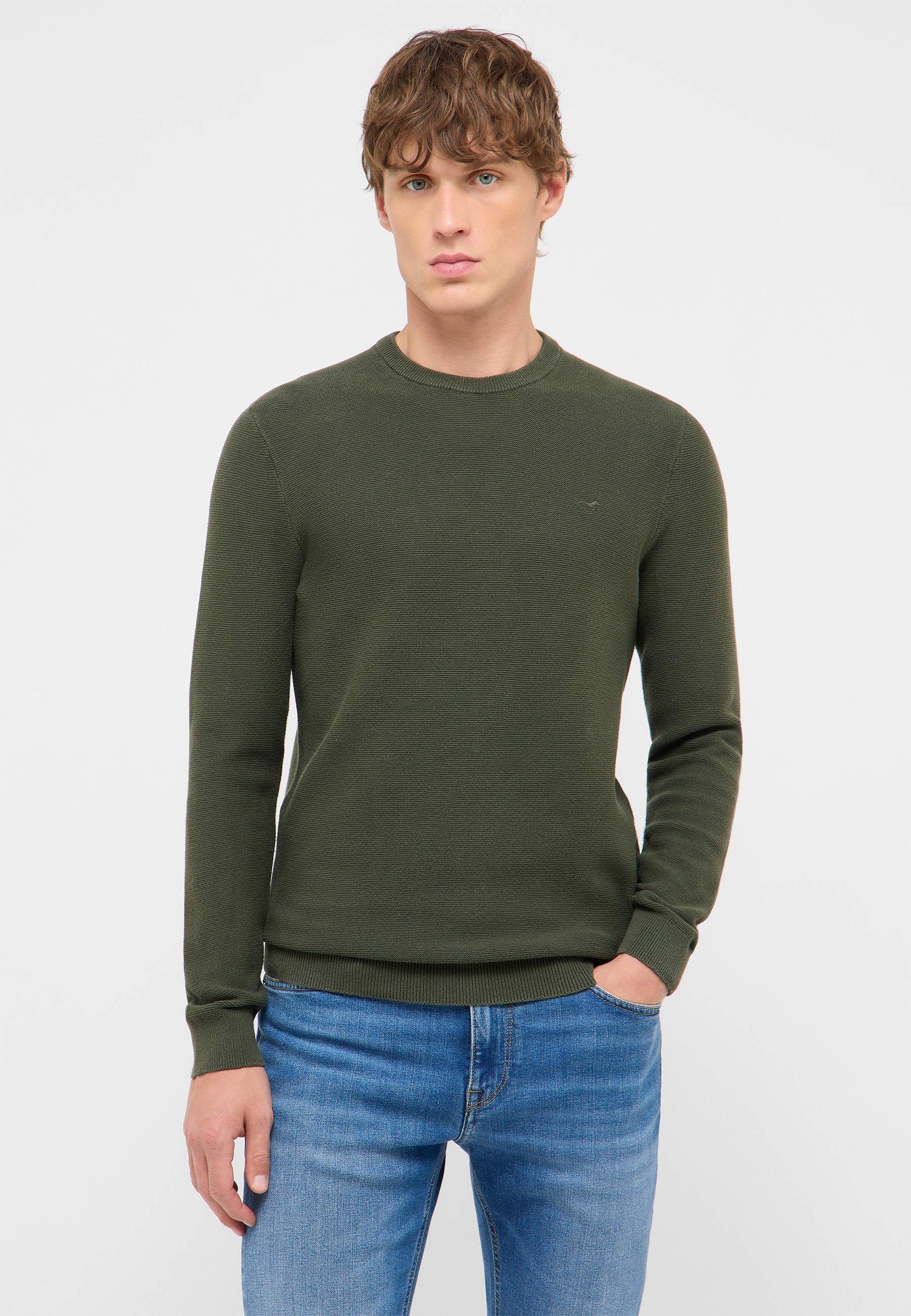 Pullover, Strickjacke, Rundhals, Oliv, Langarm