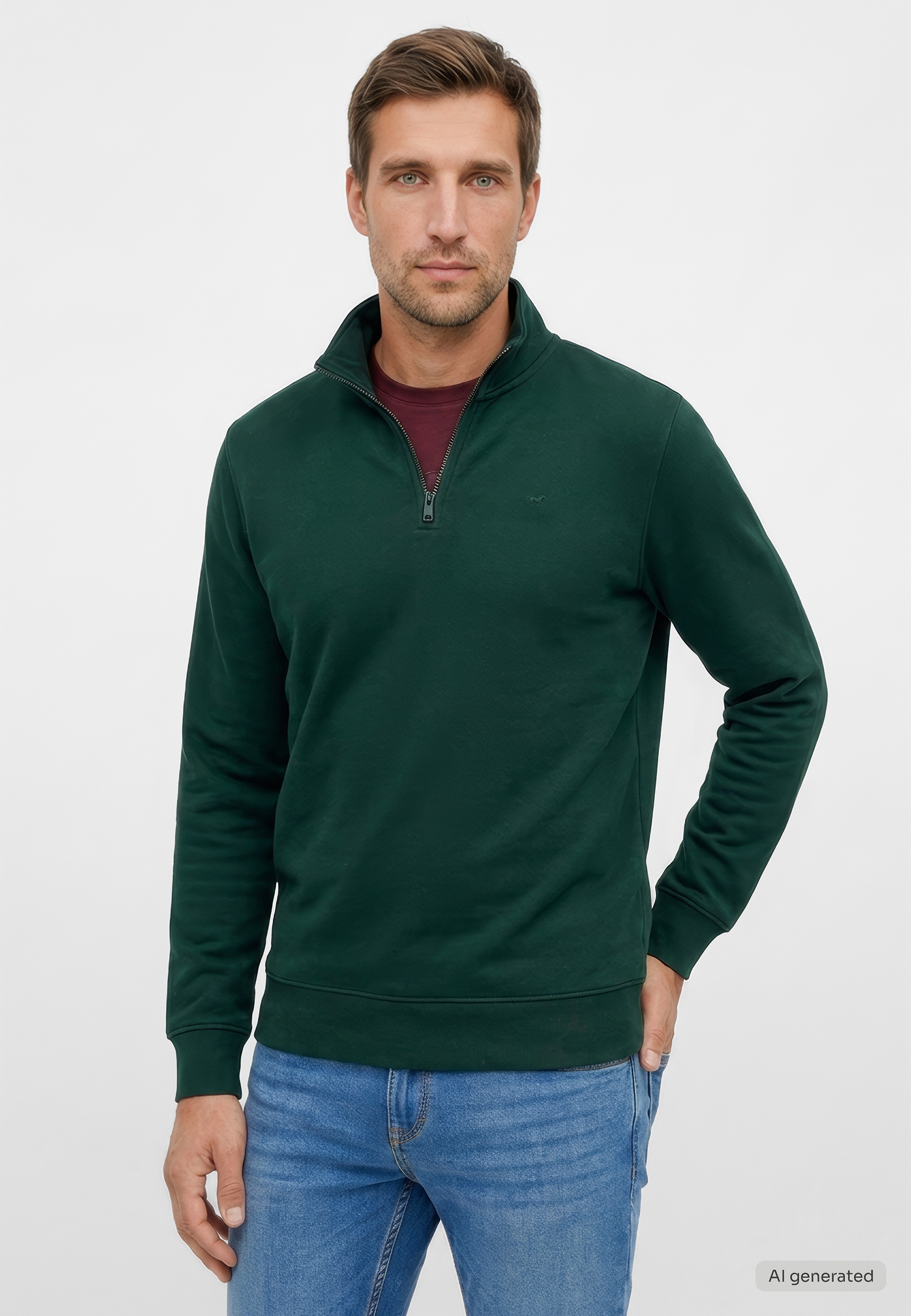 Pullover, Reißverschluss-Pullover, Langarmshirt, grüner Pullover, Jeans