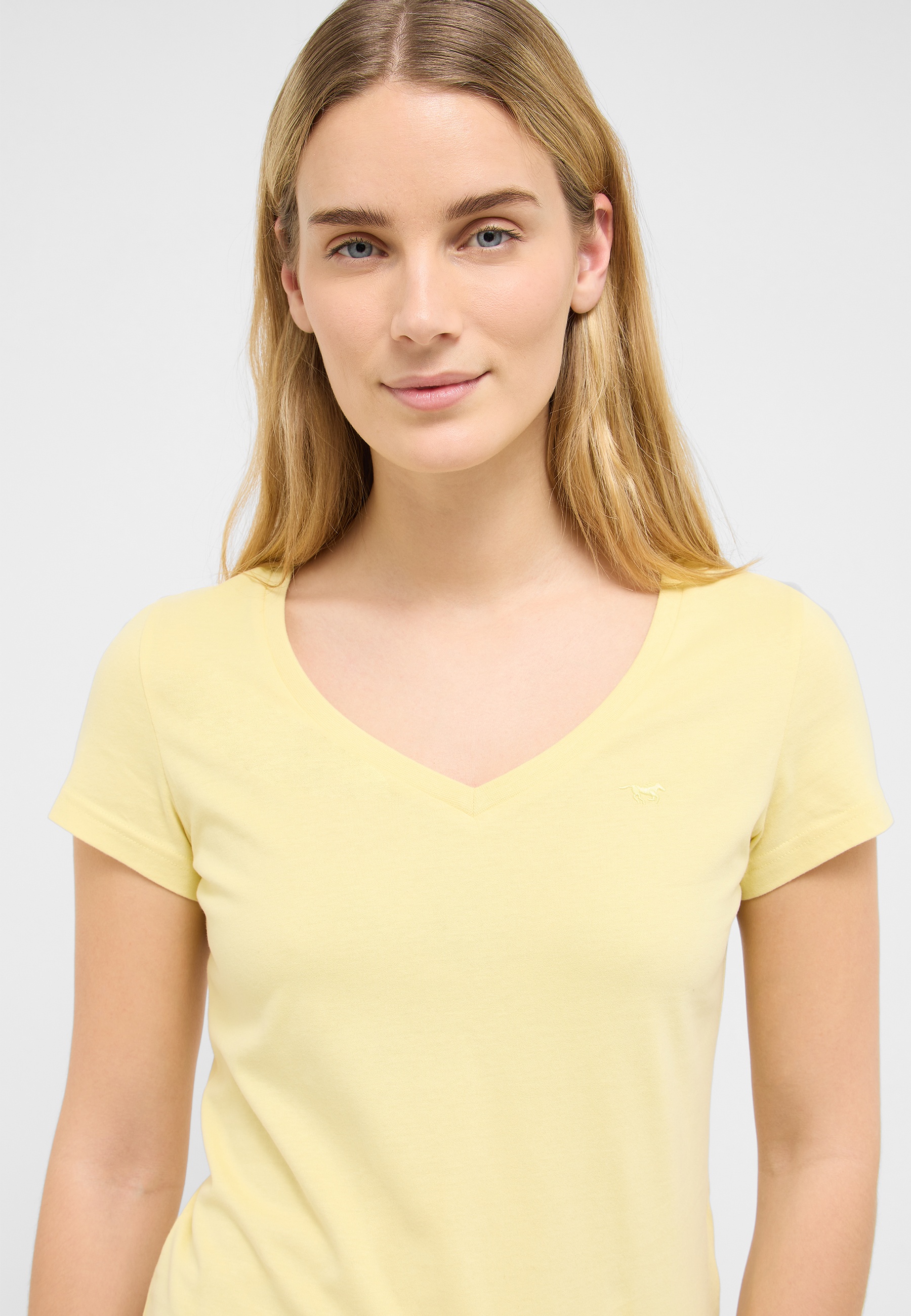 t-shirt, v-neck, kurzarm, gelb, frau