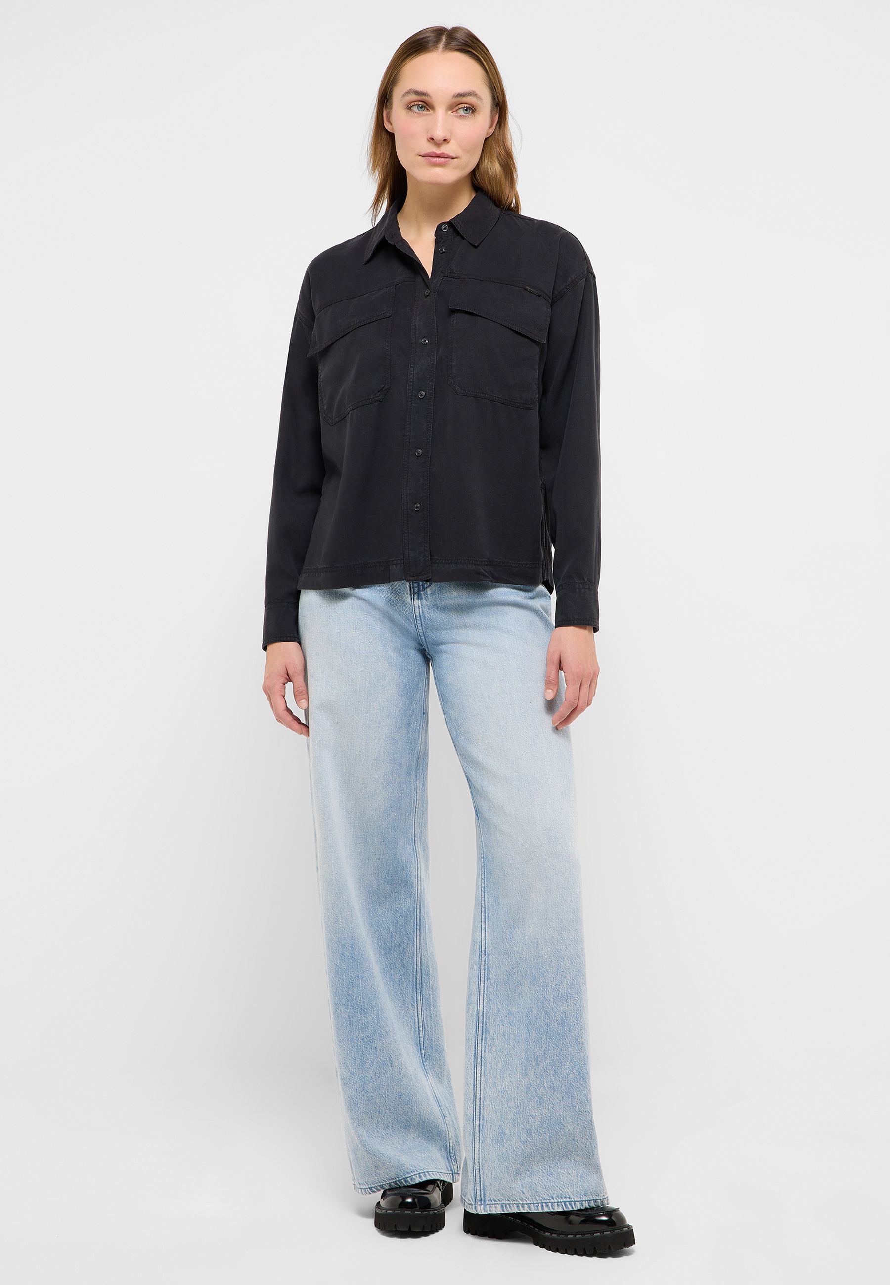 Damenhemd, Overshirt, Schwarz, Knopfleiste, Brusttaschen