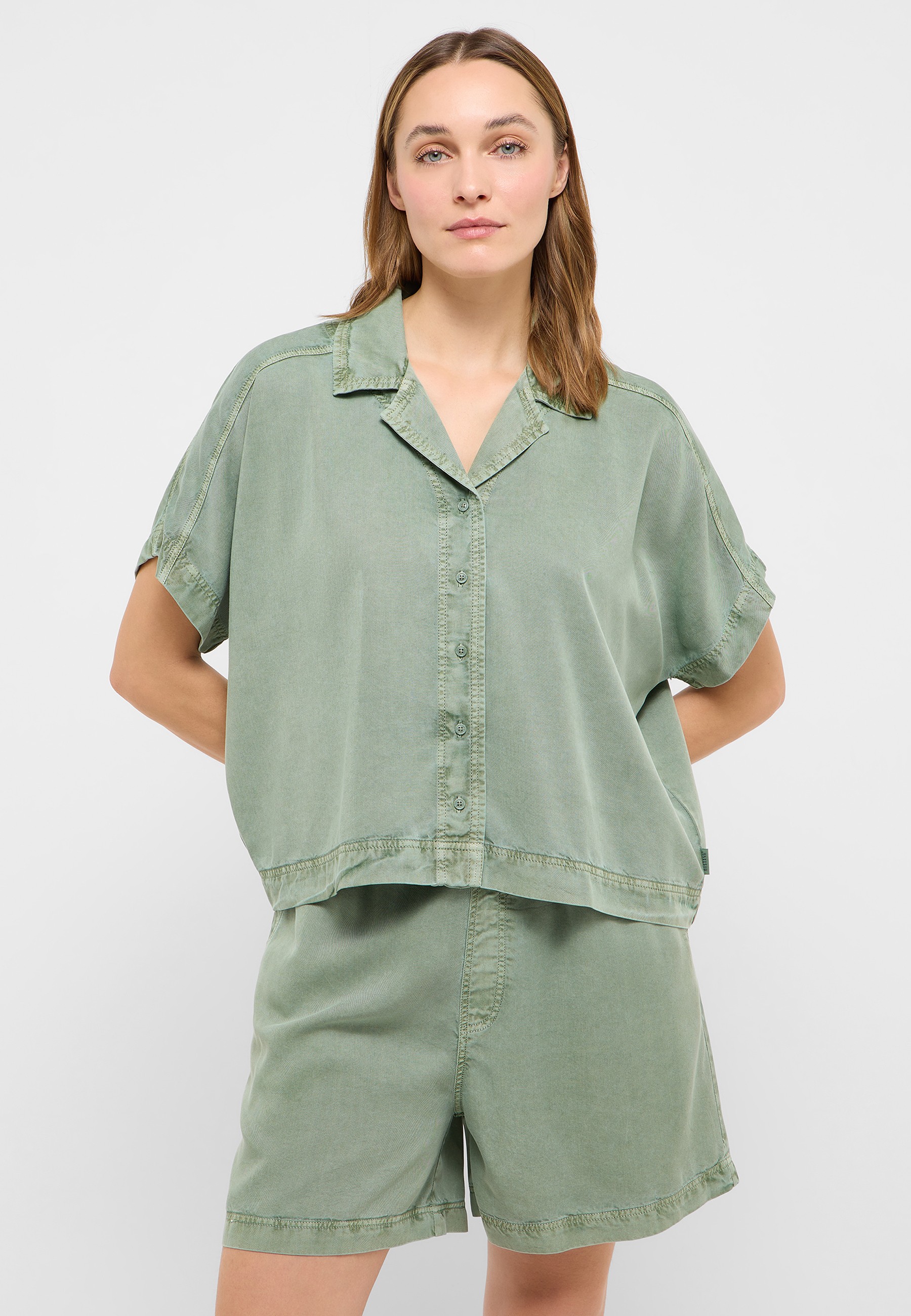 Hemden-Oberteil, Kurzarm, Button-Down, Mintgrün, leichte-Wäsche