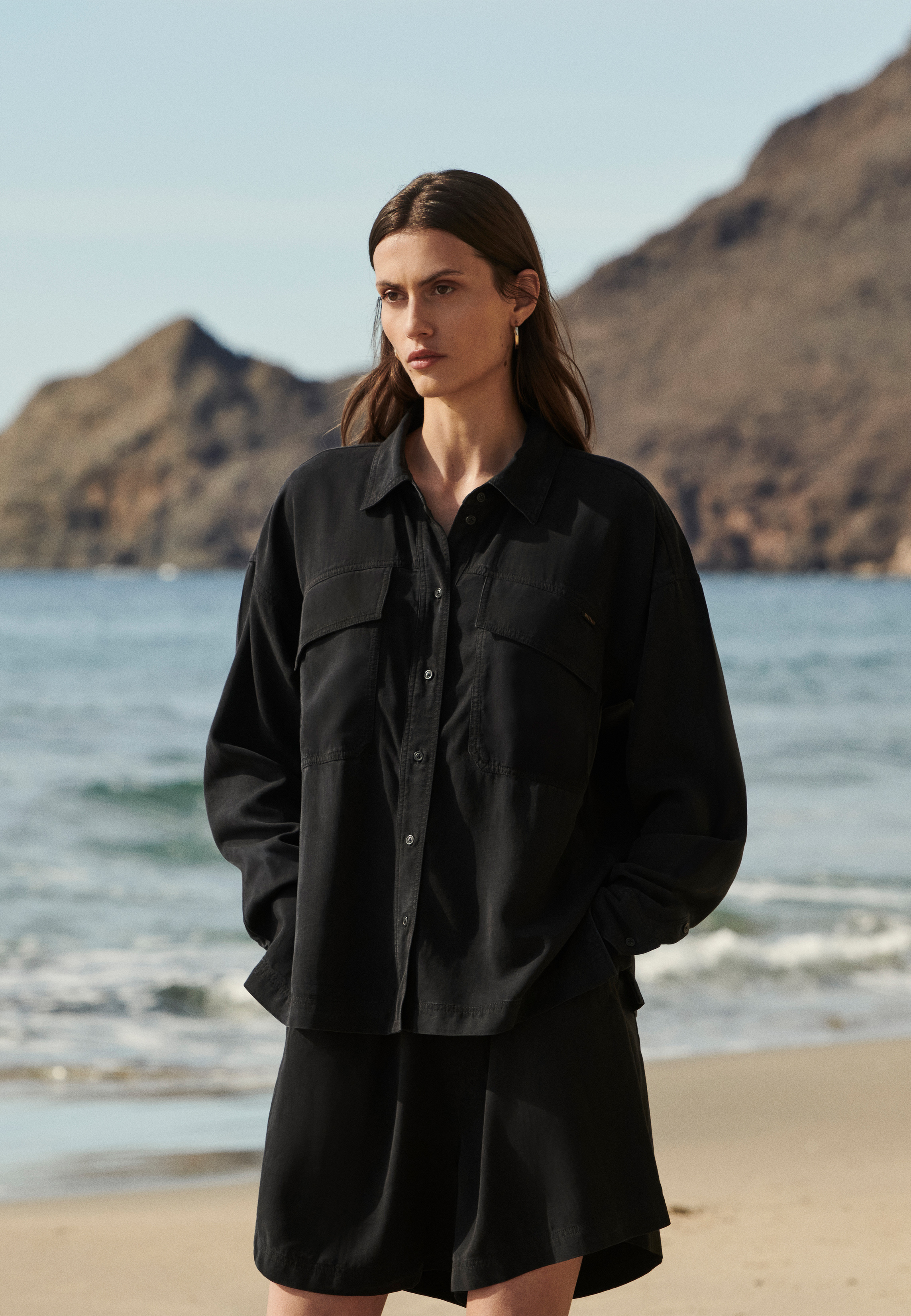 jacke, hemdenjacke, schwarz, strand, mode