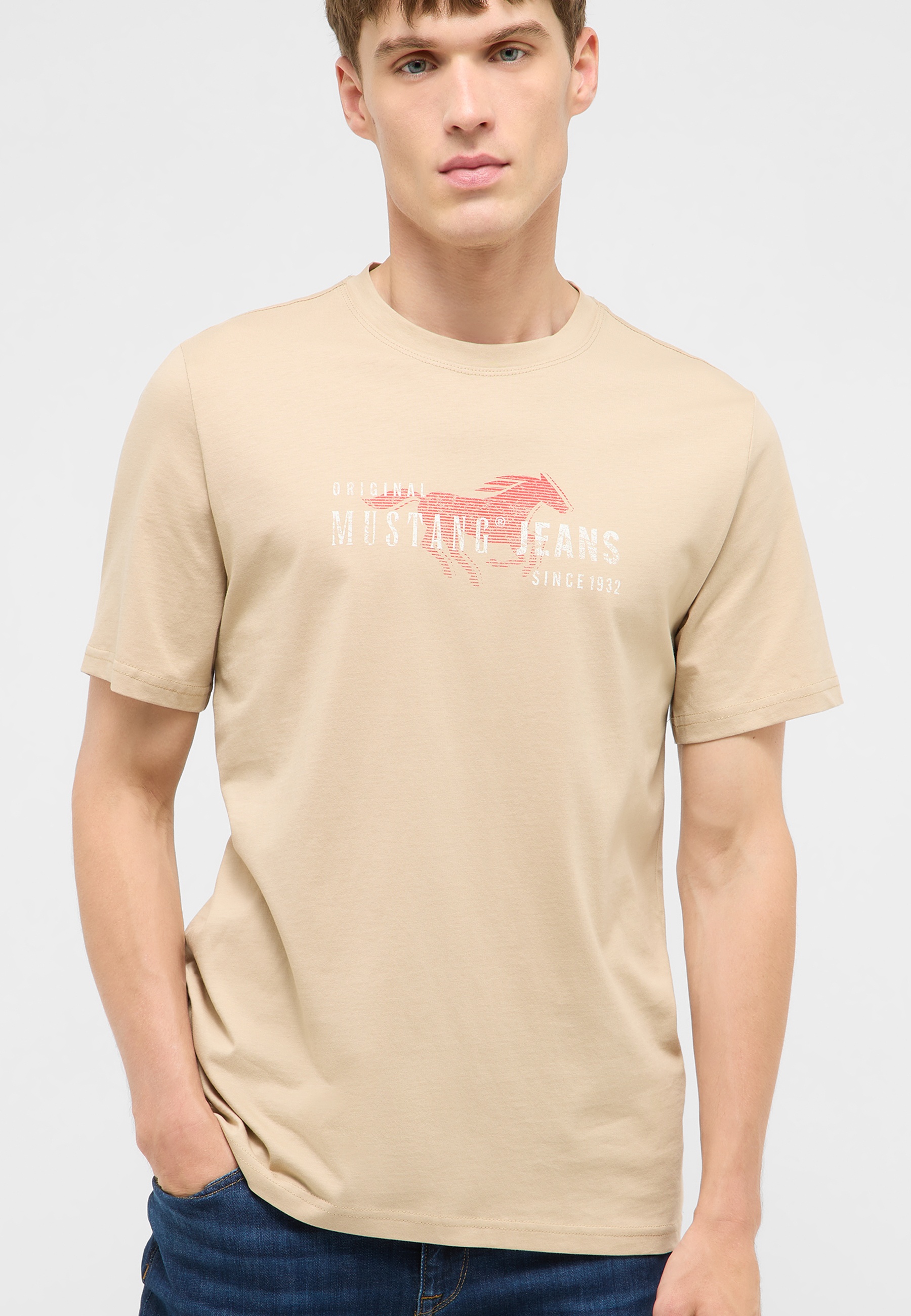 t-shirt, beige, kurzarm, grafik, mustang jeans logo