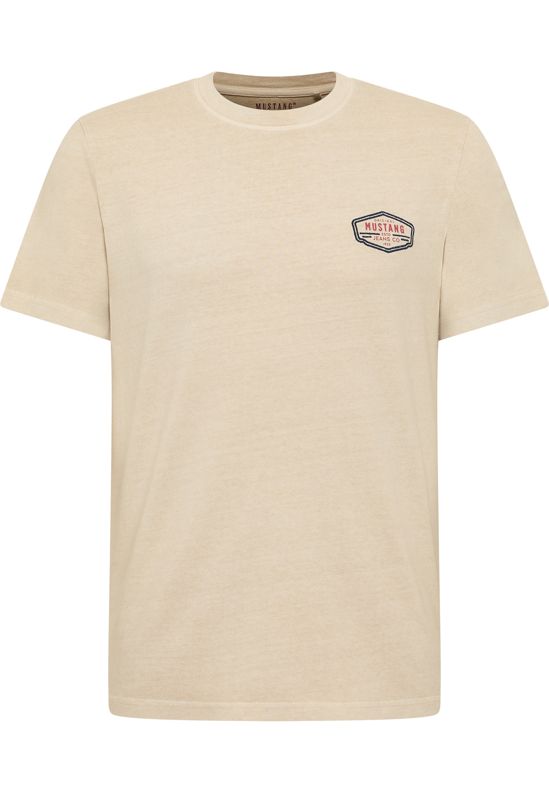 t-shirt, beige, kurzarm, logo-aufnäher, casual