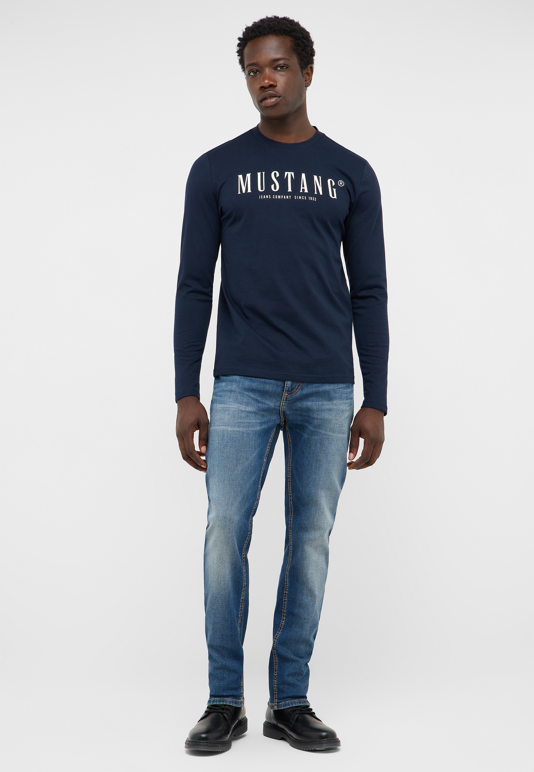 Langarmshirt, Navy, Mustang, Bildschirmdruck, Jeans
