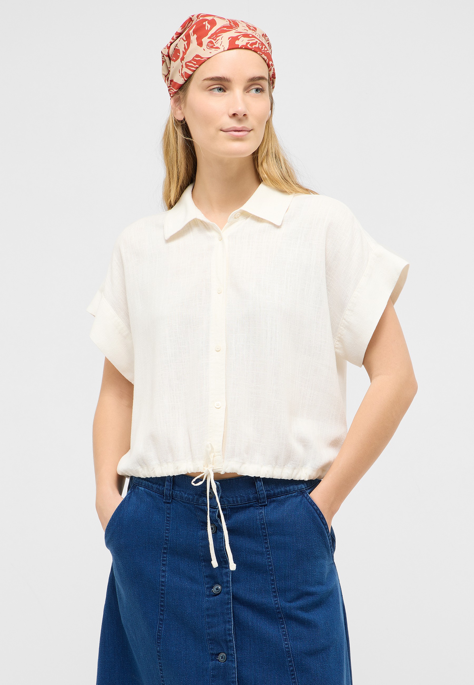 Hemdbluse, Kordelzug, Kurzarm, Leinen, Weiß