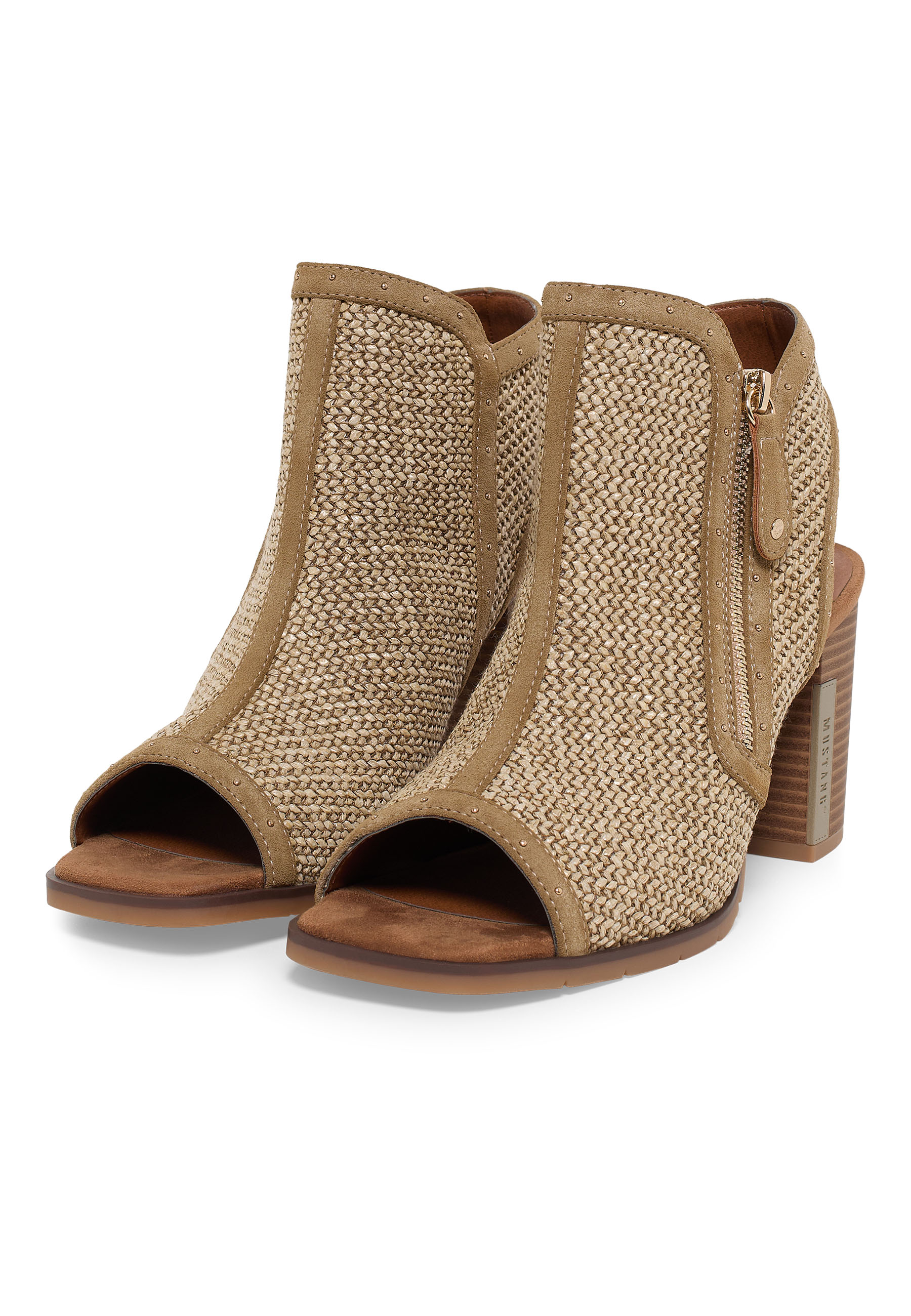 Woven texture, Open toe, Ankle boot, Block heel, Zipper detail