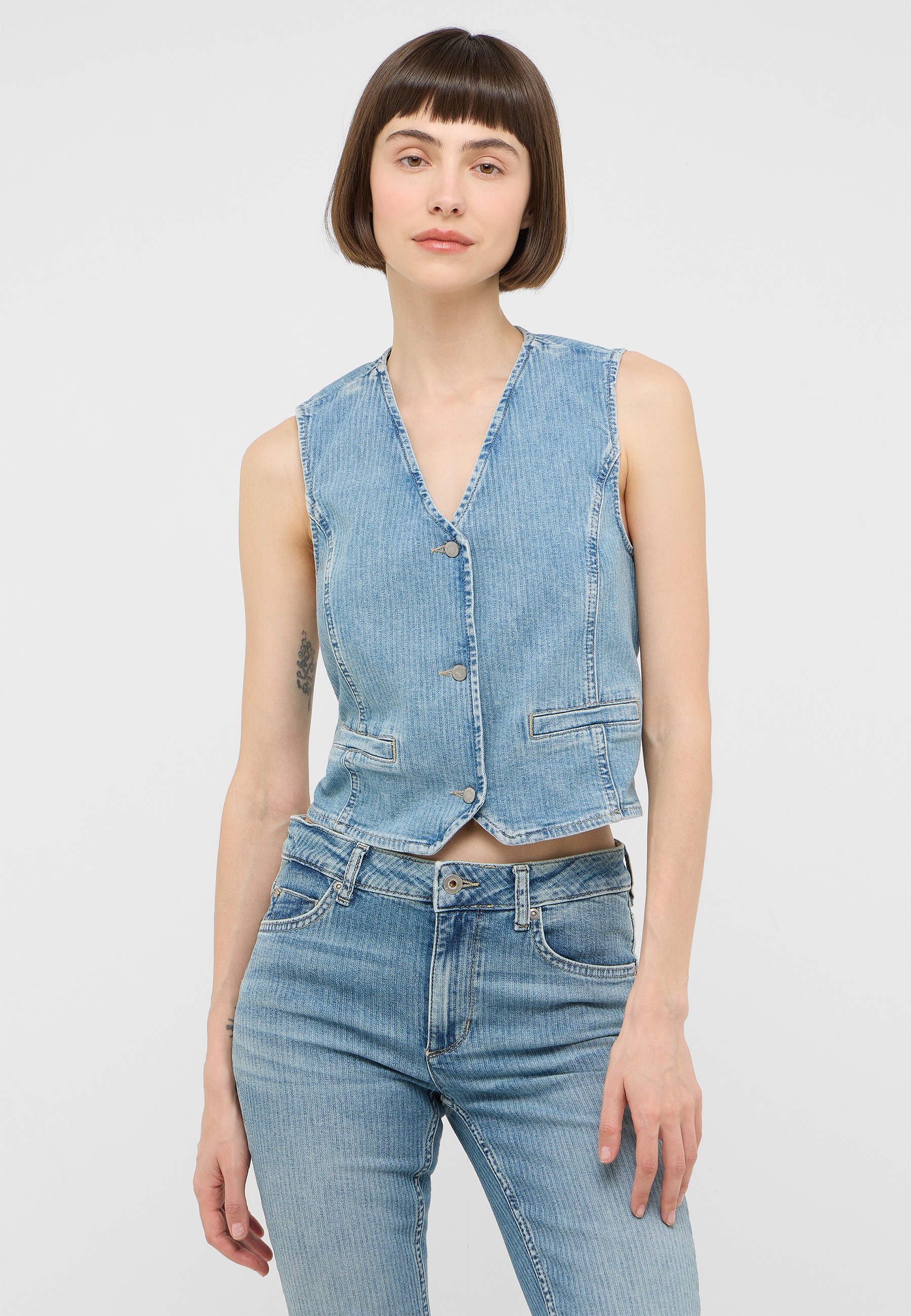 Jeans Top, Denim-Weste, Ärmellose Weste, helles Waschdatum?, Knöpfe Verschluss