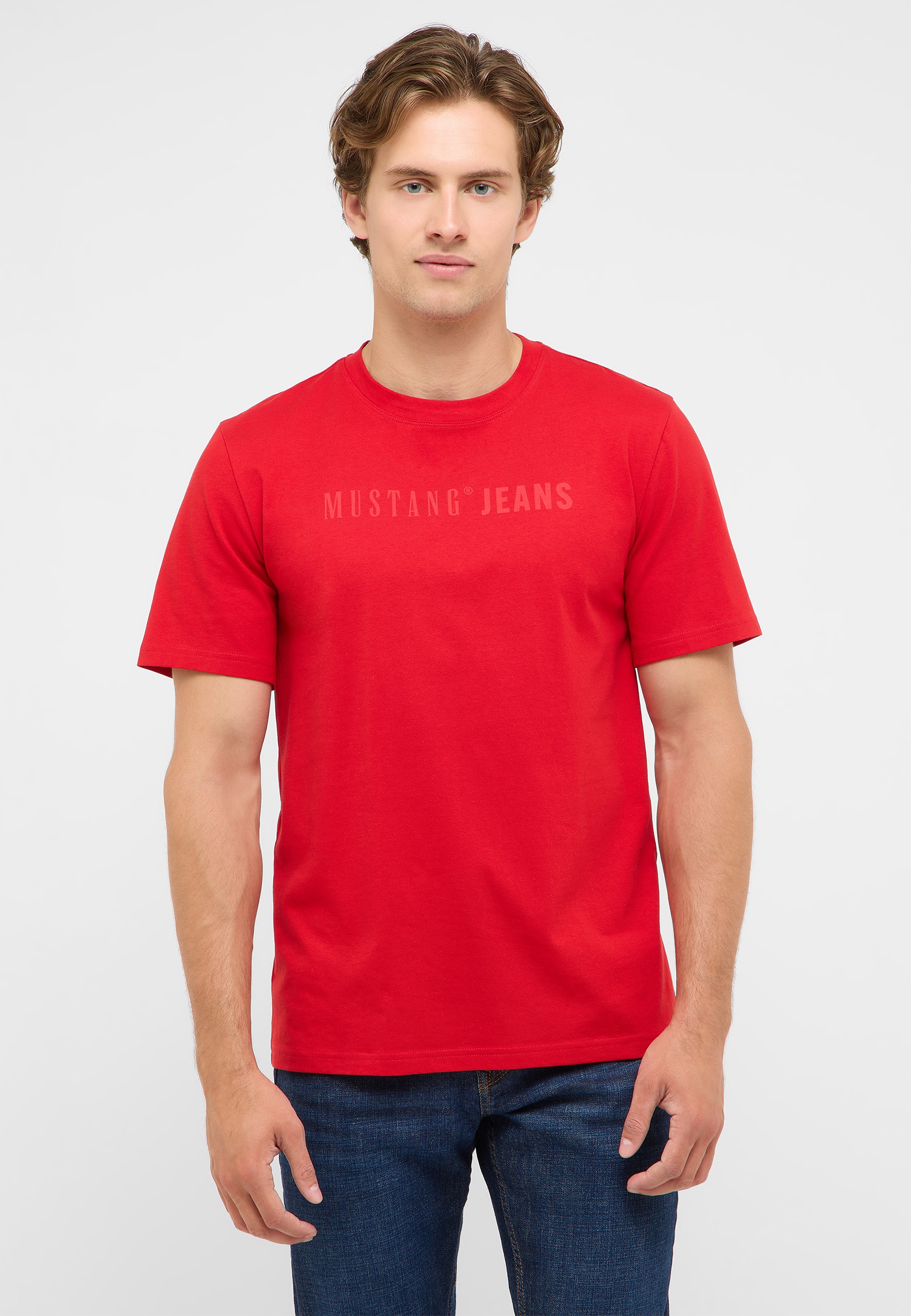 t-shirt, rot, kurzarm, rundhals, mustang jeans logo