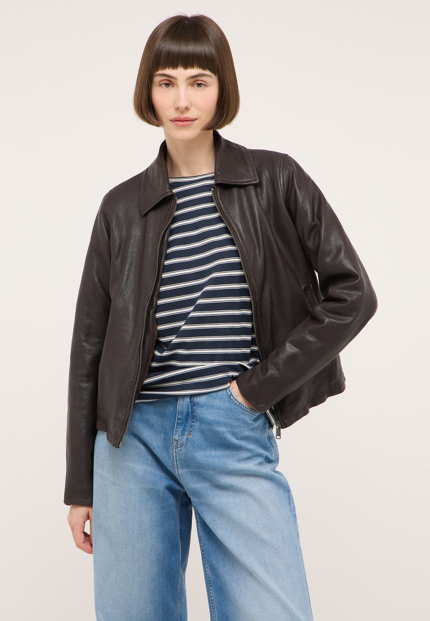 Lederjacke, Bikerjacke, dunkelbraun, unifarben, Trendiges Outfit