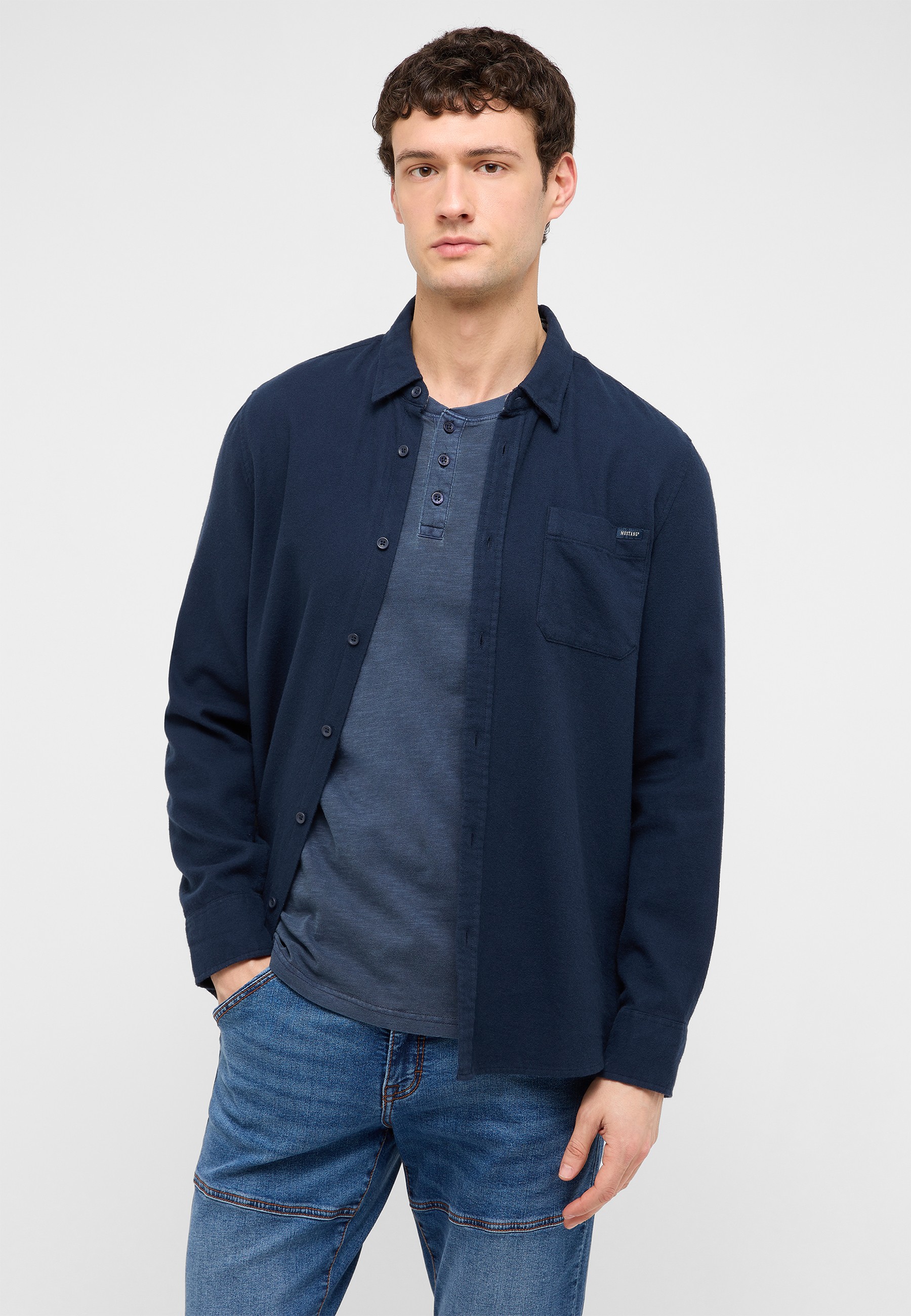 shirt, long-sleeve, navy, henley, pocket