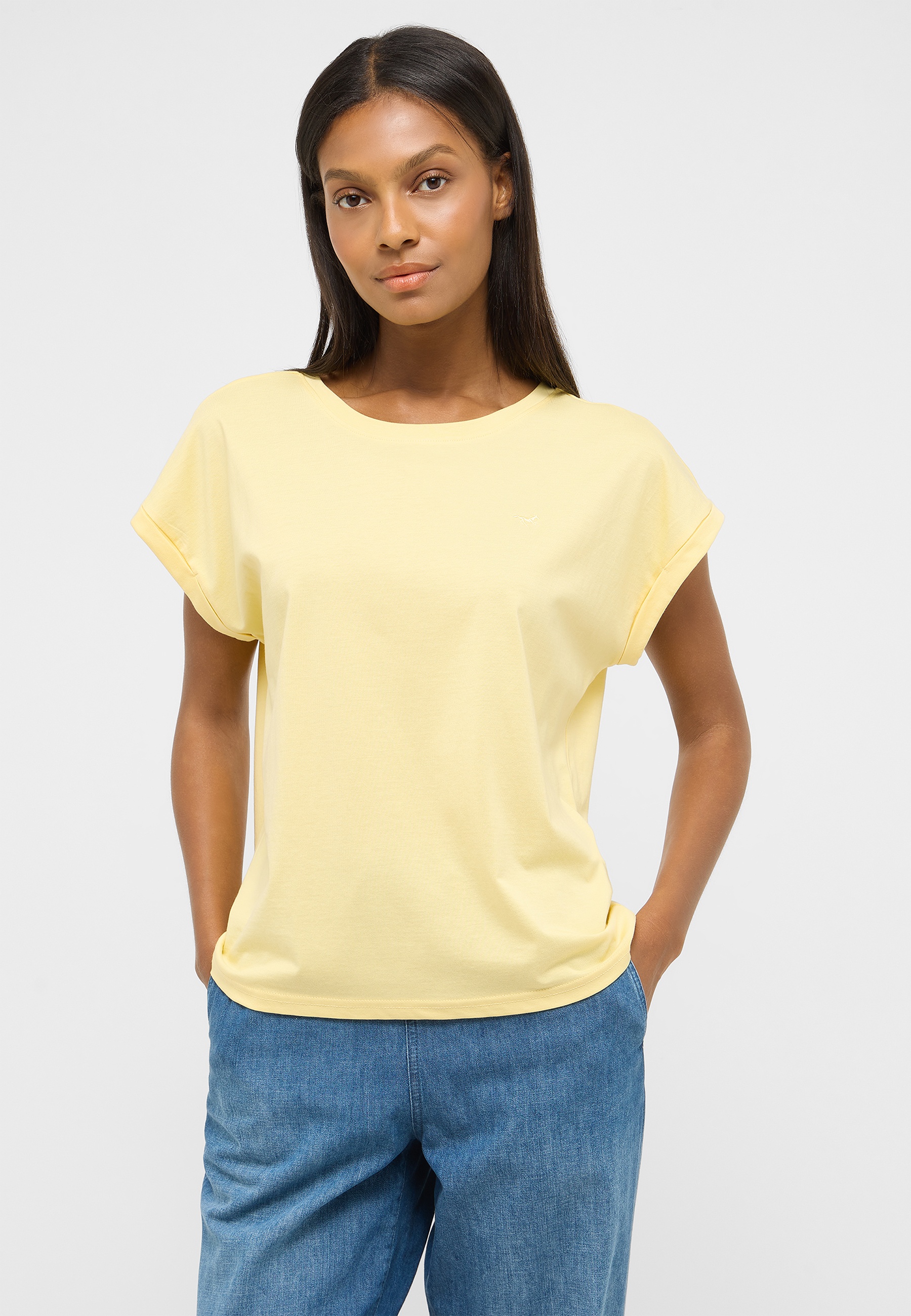 T-Shirt, Kurzarm, Pastellgelb, Rundhals, Baumwolle