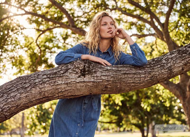 Frau in Denim Kleid