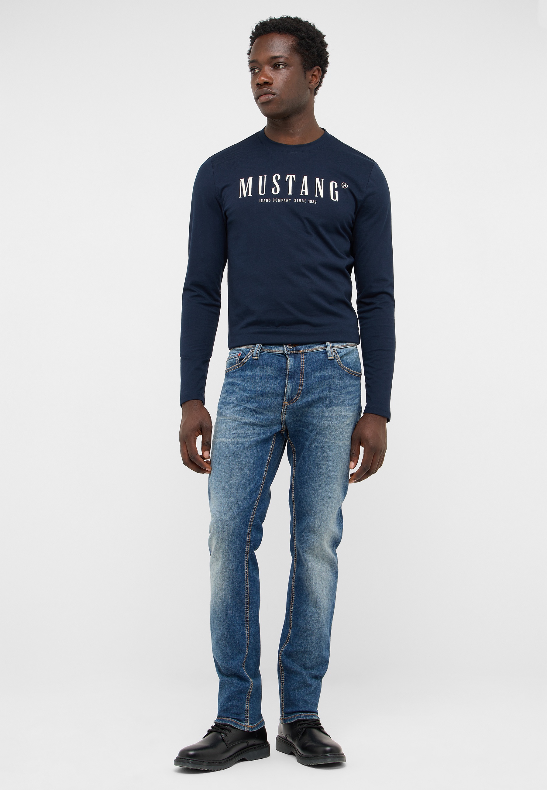 Langarmshirt, Navy, Mustang, Crewneck, Jeans