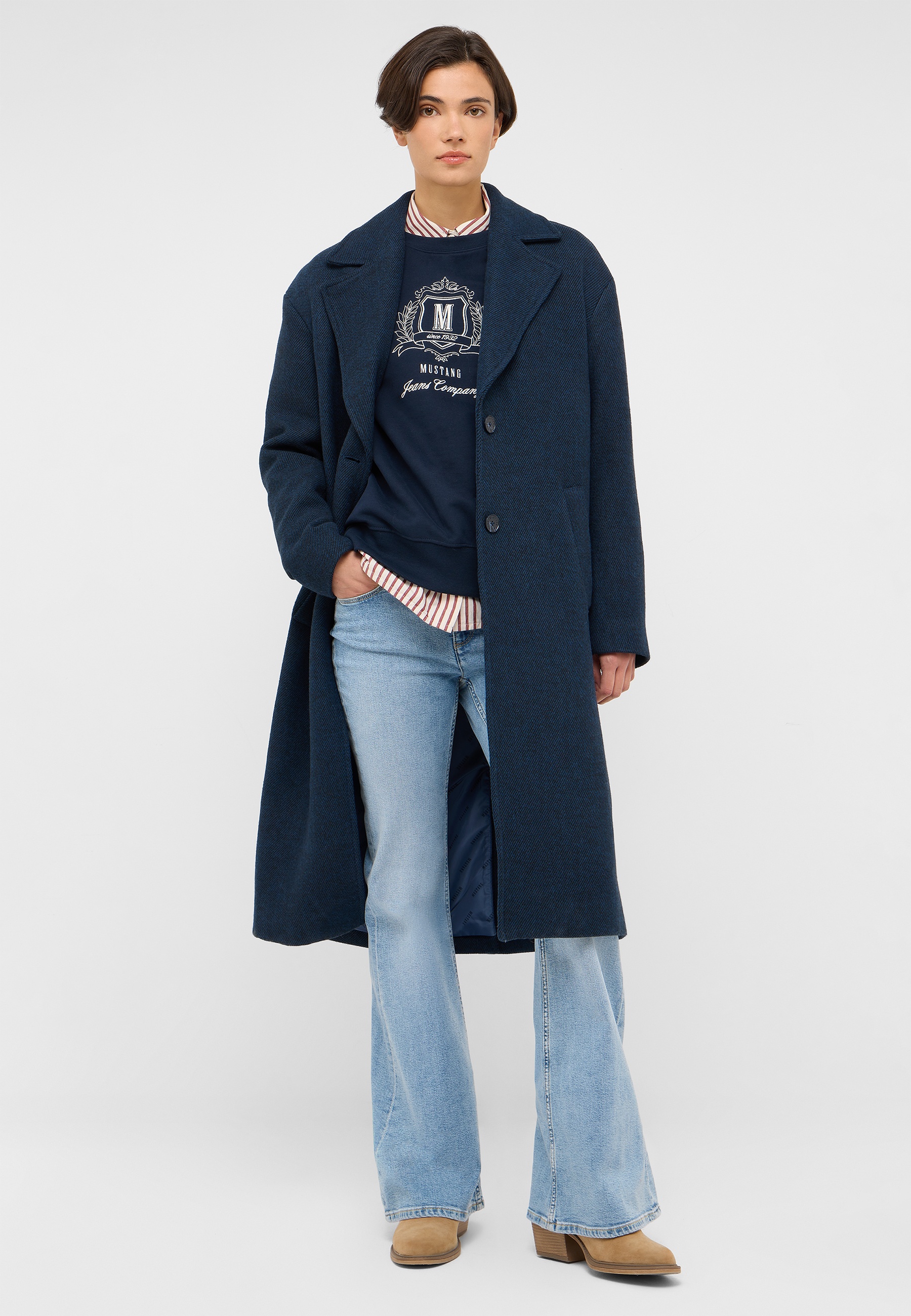 dunkelblauer Mantel, Wollmantel, Oversize Mantel, Jeanshose, Sneaker/Boots?, Strickpullover, T-Shirt/Sweatshirt, Layering look