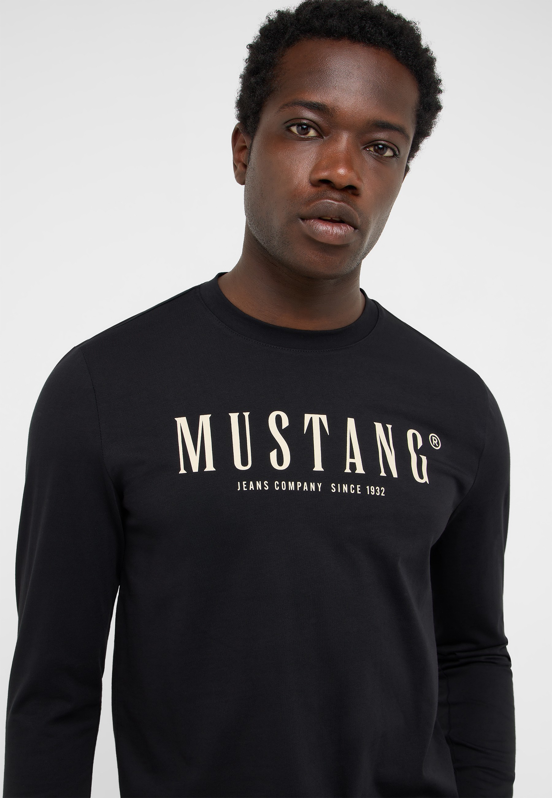 Langarmshirt, Schwarz, Mustang Logo, Klassisch, Crewneck