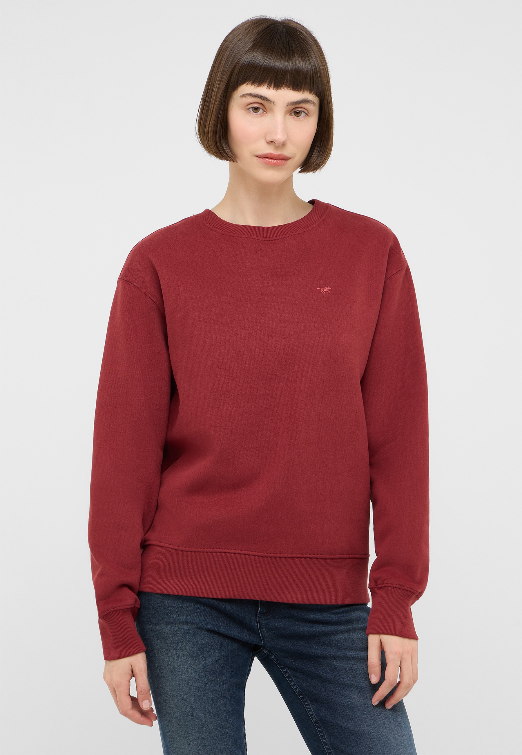 Sweatshirt, Crew neck, Red, Long sleeves, Solid color