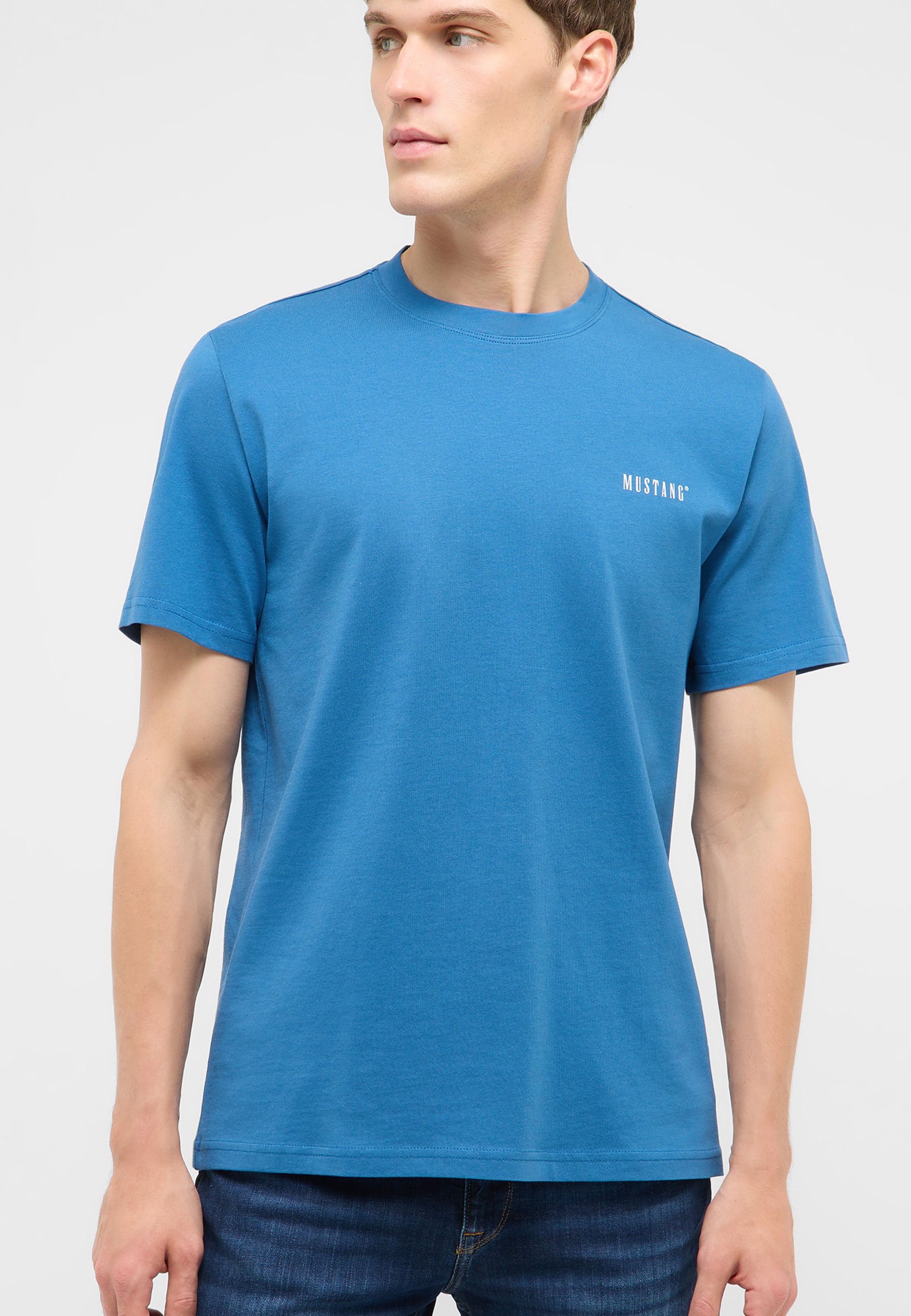 tshirt, crewneck, short sleeves, blue, mustang logo