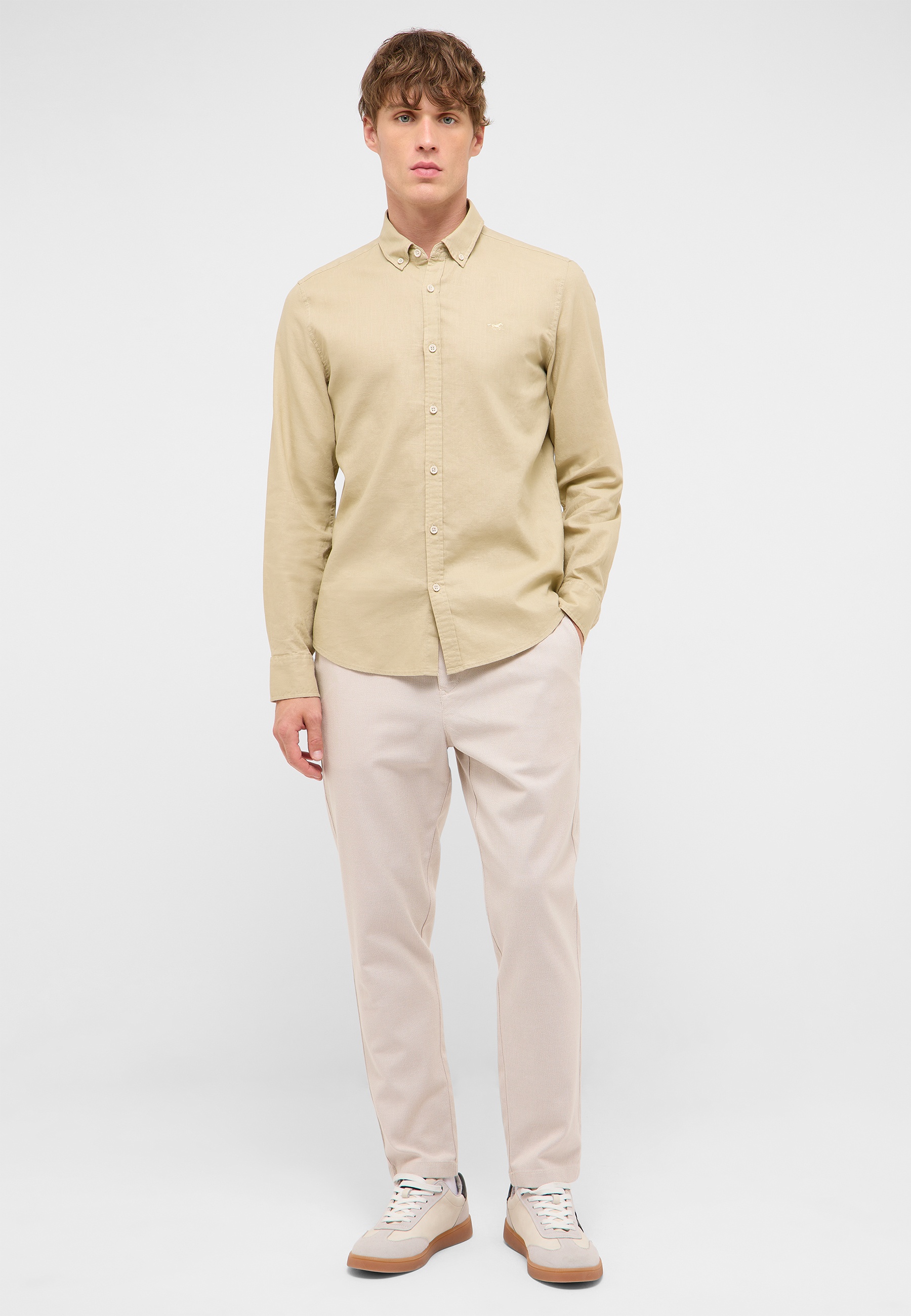 Button-down, Beige, Khaki, Long-sleeve, Chinos