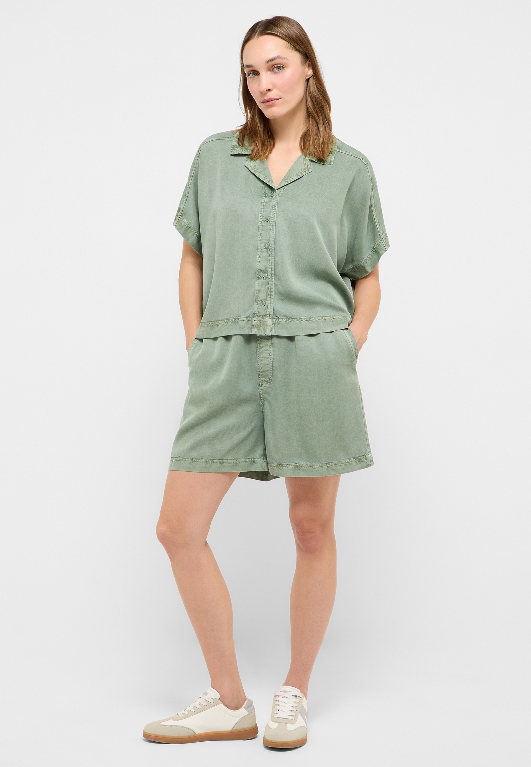 Kurzarm-Top, Shorts, Himon-Casual, Loungewear, olivgrün