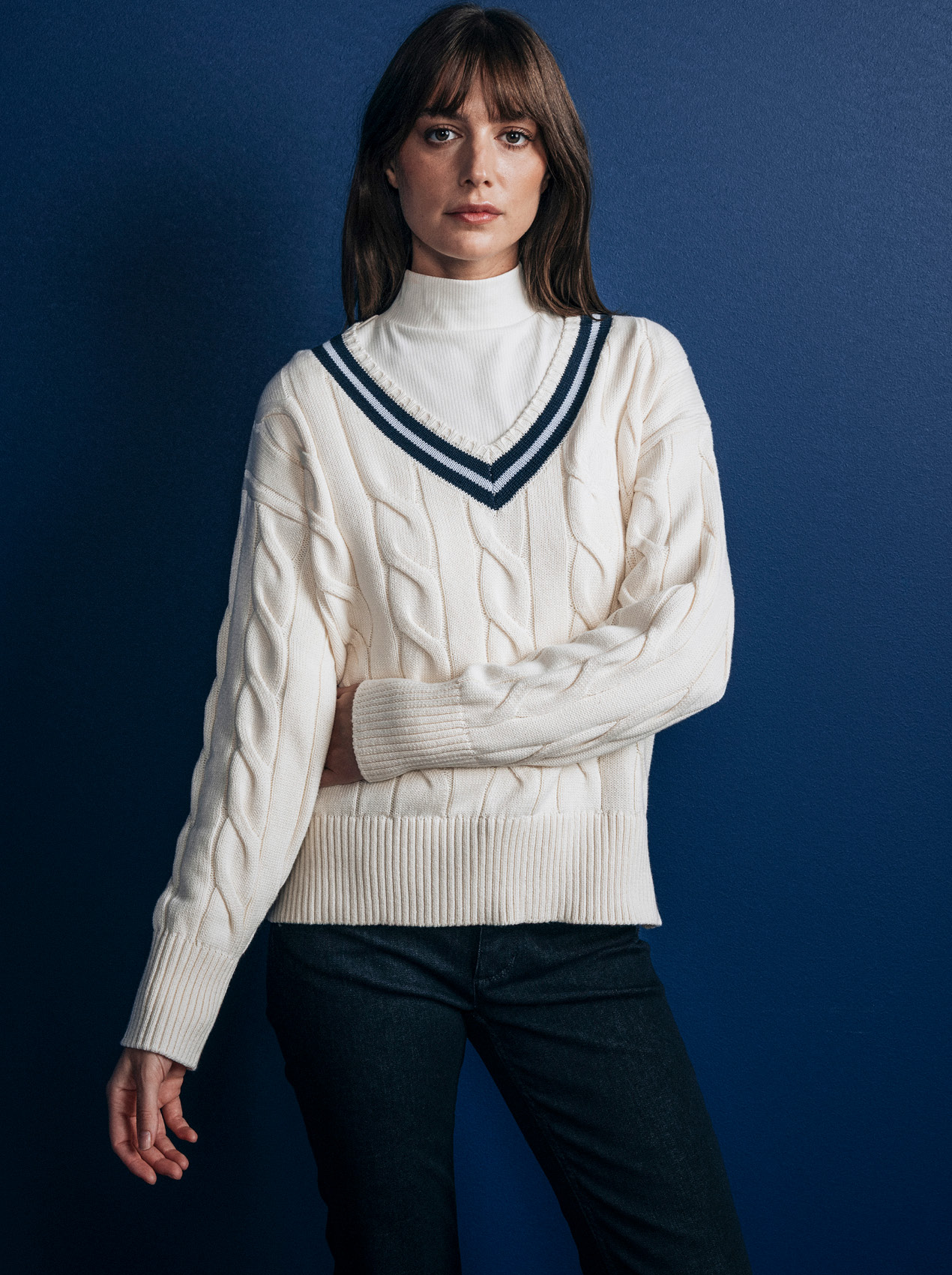 Pullover, Cable-Knit, V-Ausschnitt, Weiß, Oversized