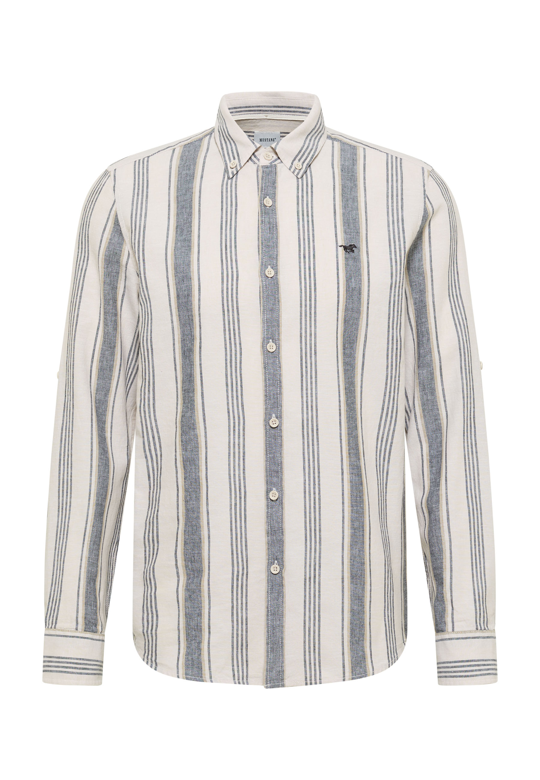 Streifen, Leinen, Button-Down, Langarm, Hemd mit Kragen